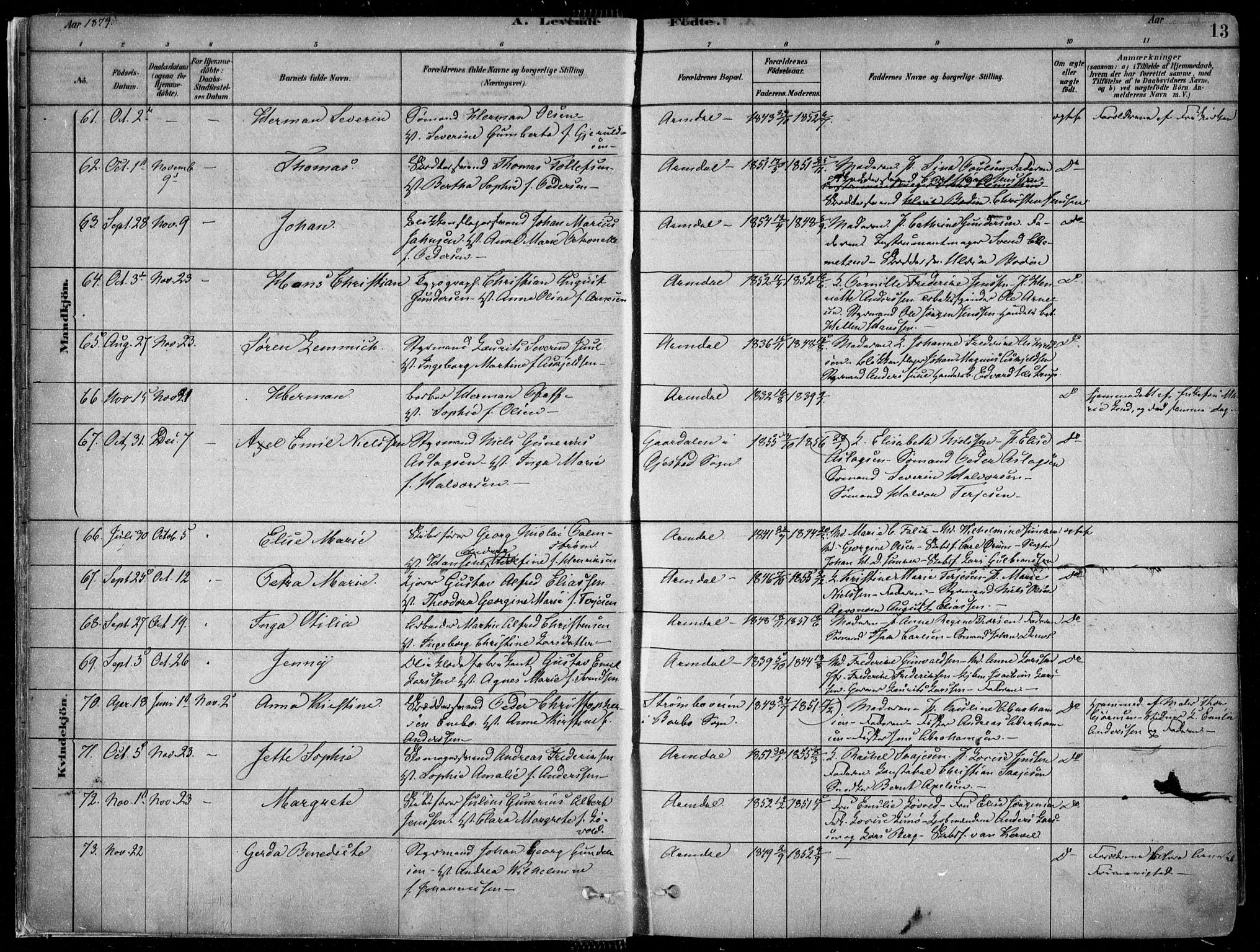 Arendal sokneprestkontor, Trefoldighet, AV/SAK-1111-0040/F/Fa/L0008: Parish register (official) no. A 8, 1878-1899, p. 13