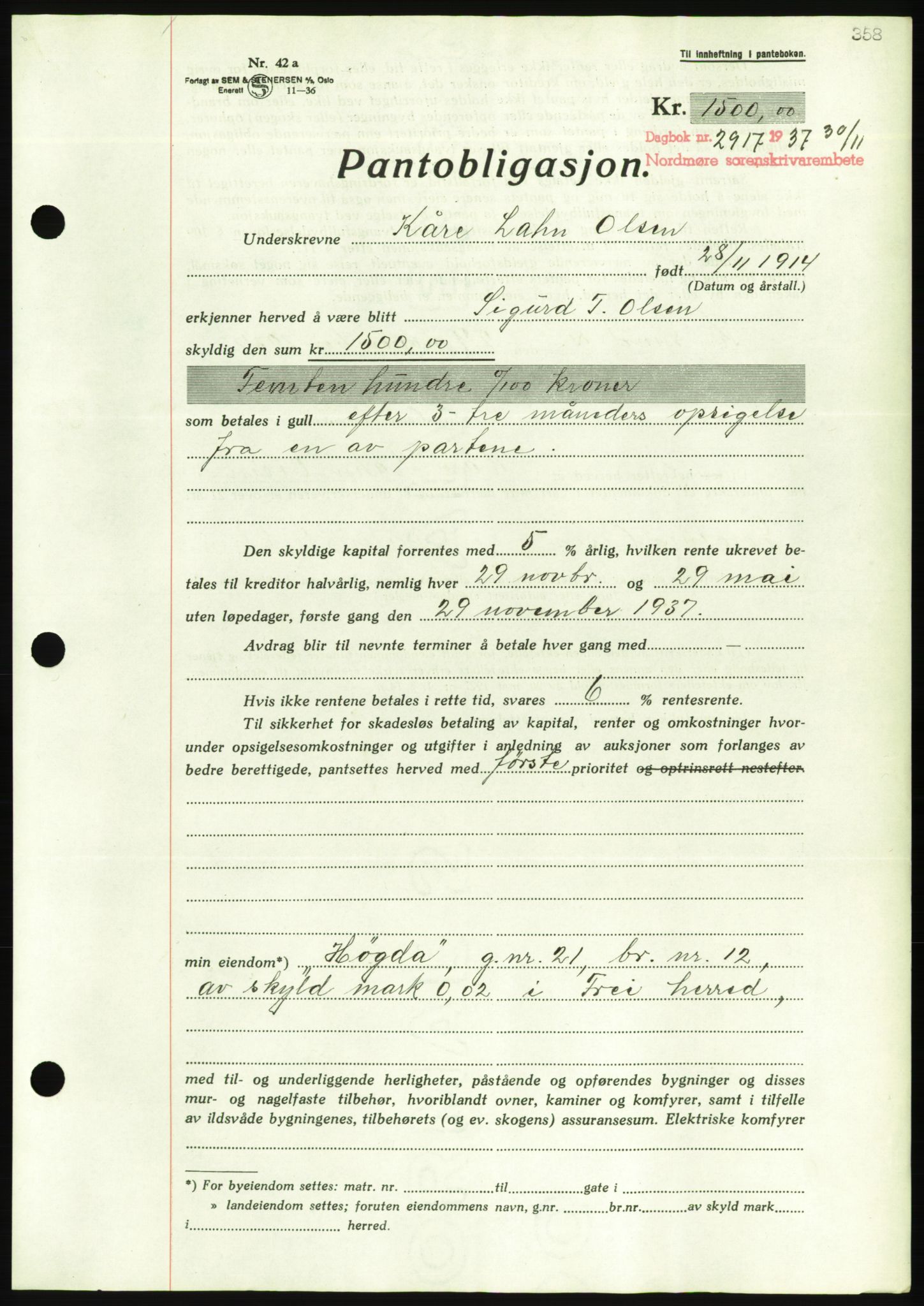 Nordmøre sorenskriveri, AV/SAT-A-4132/1/2/2Ca/L0092: Mortgage book no. B82, 1937-1938, Diary no: : 2917/1937