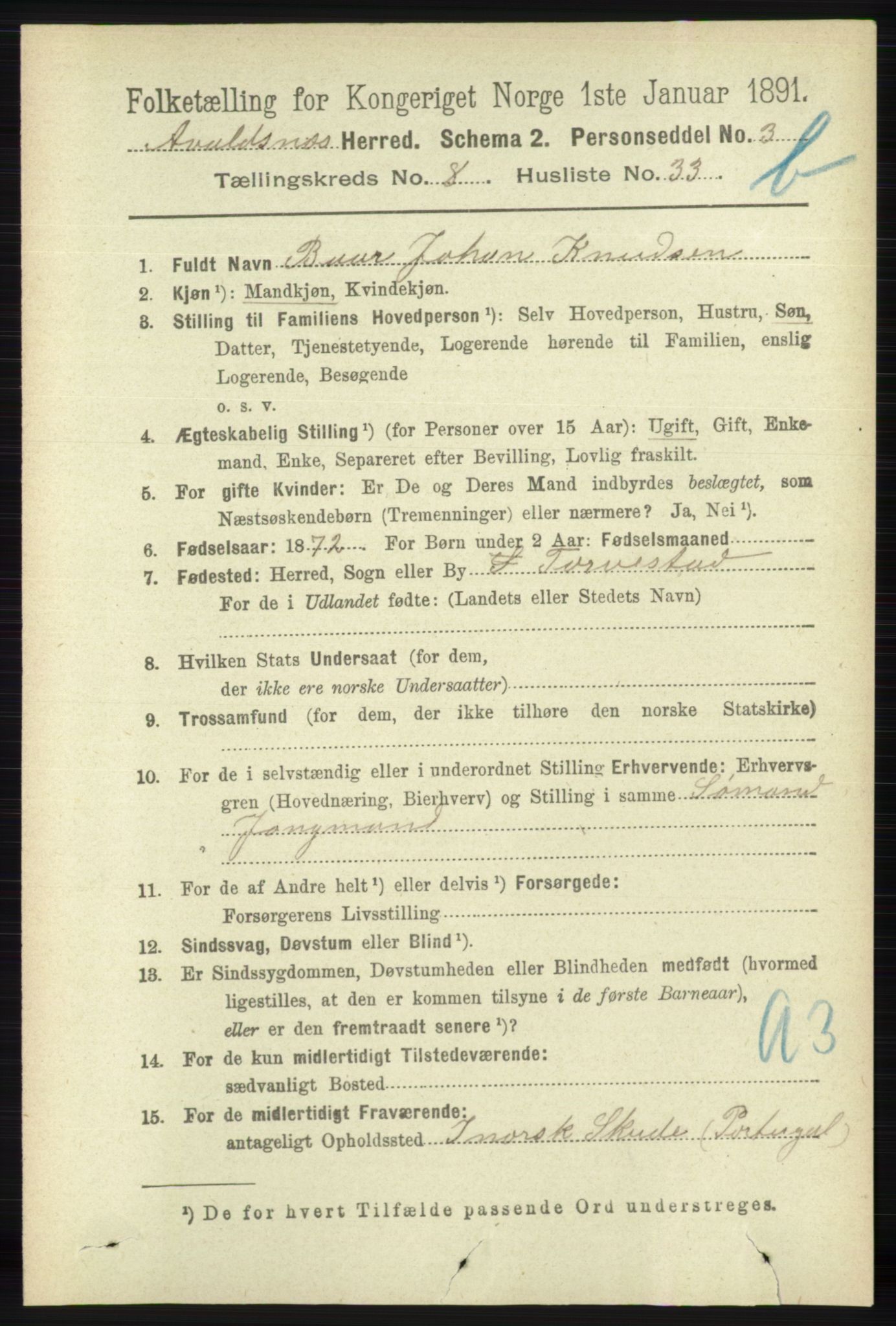 RA, 1891 census for 1147 Avaldsnes, 1891, p. 4368