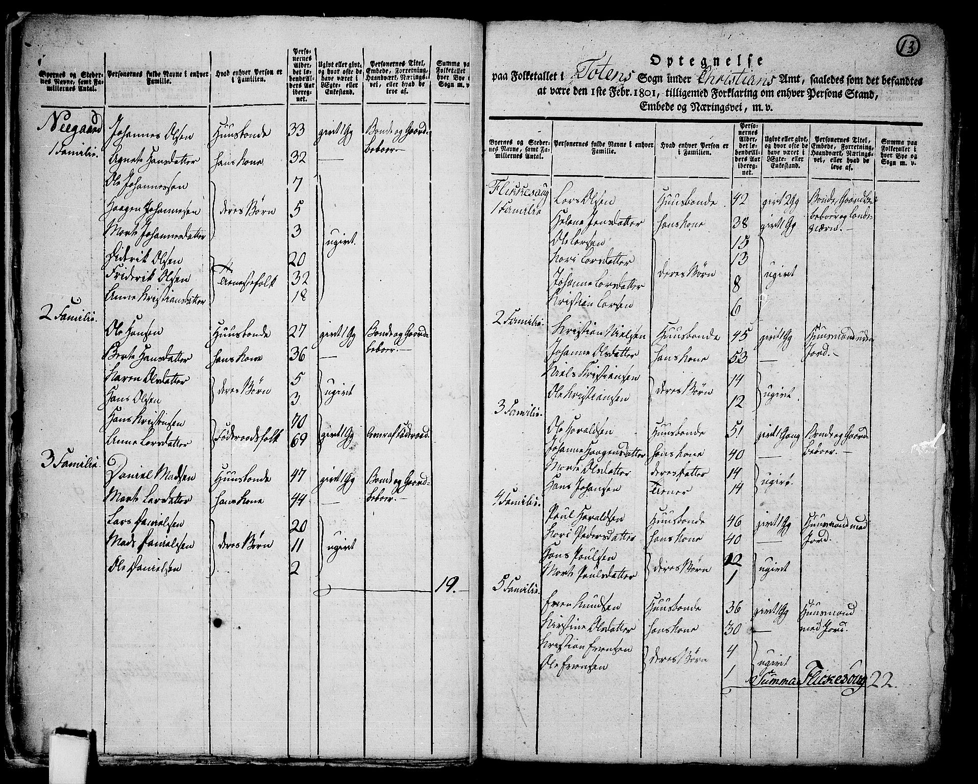 RA, 1801 census for 0528P Toten, 1801, p. 12b-13a