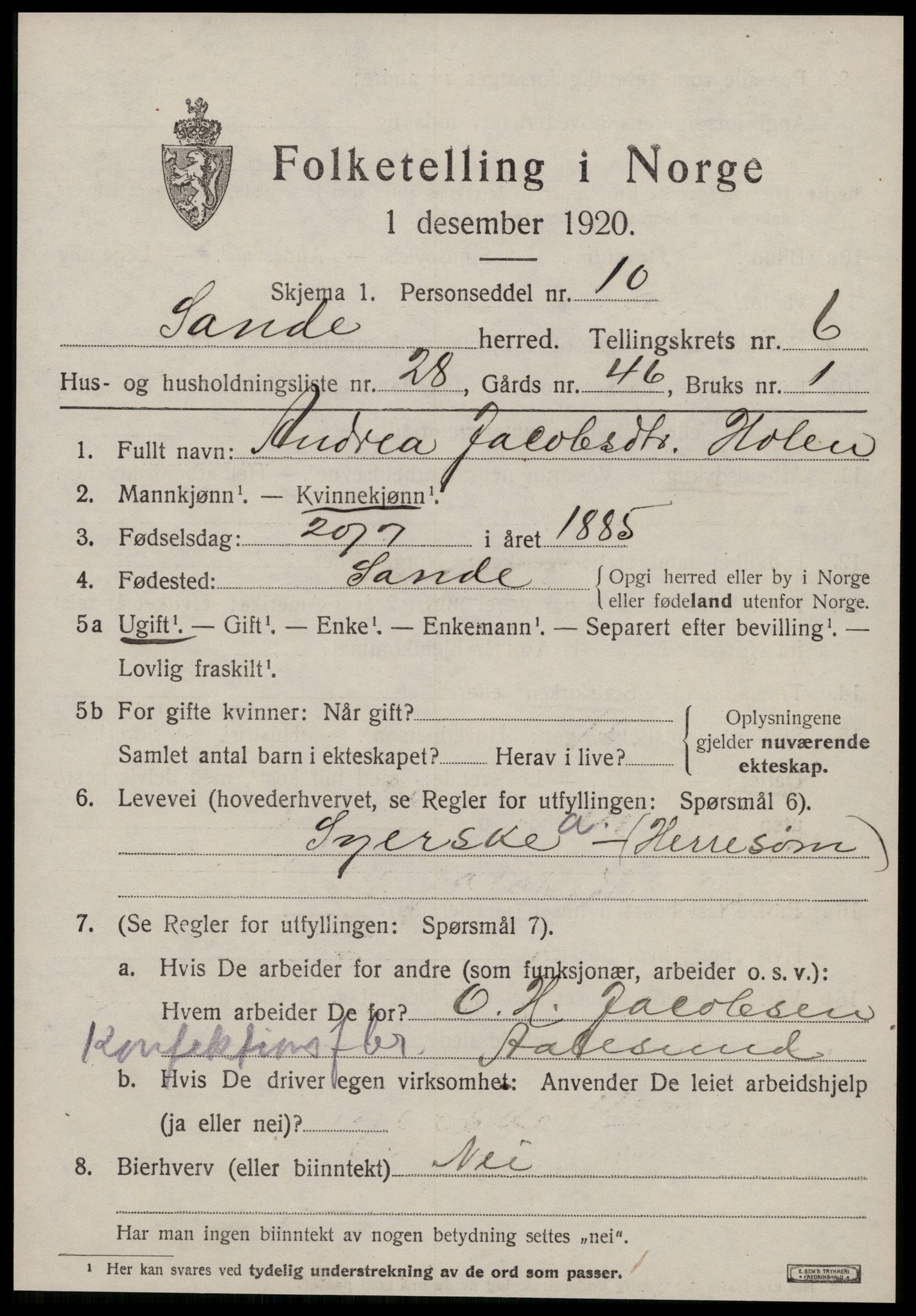 SAT, 1920 census for Sande (MR), 1920, p. 3912