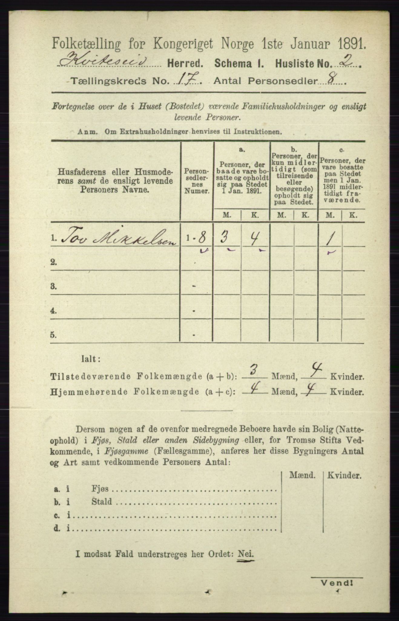 RA, 1891 census for 0829 Kviteseid, 1891, p. 3755