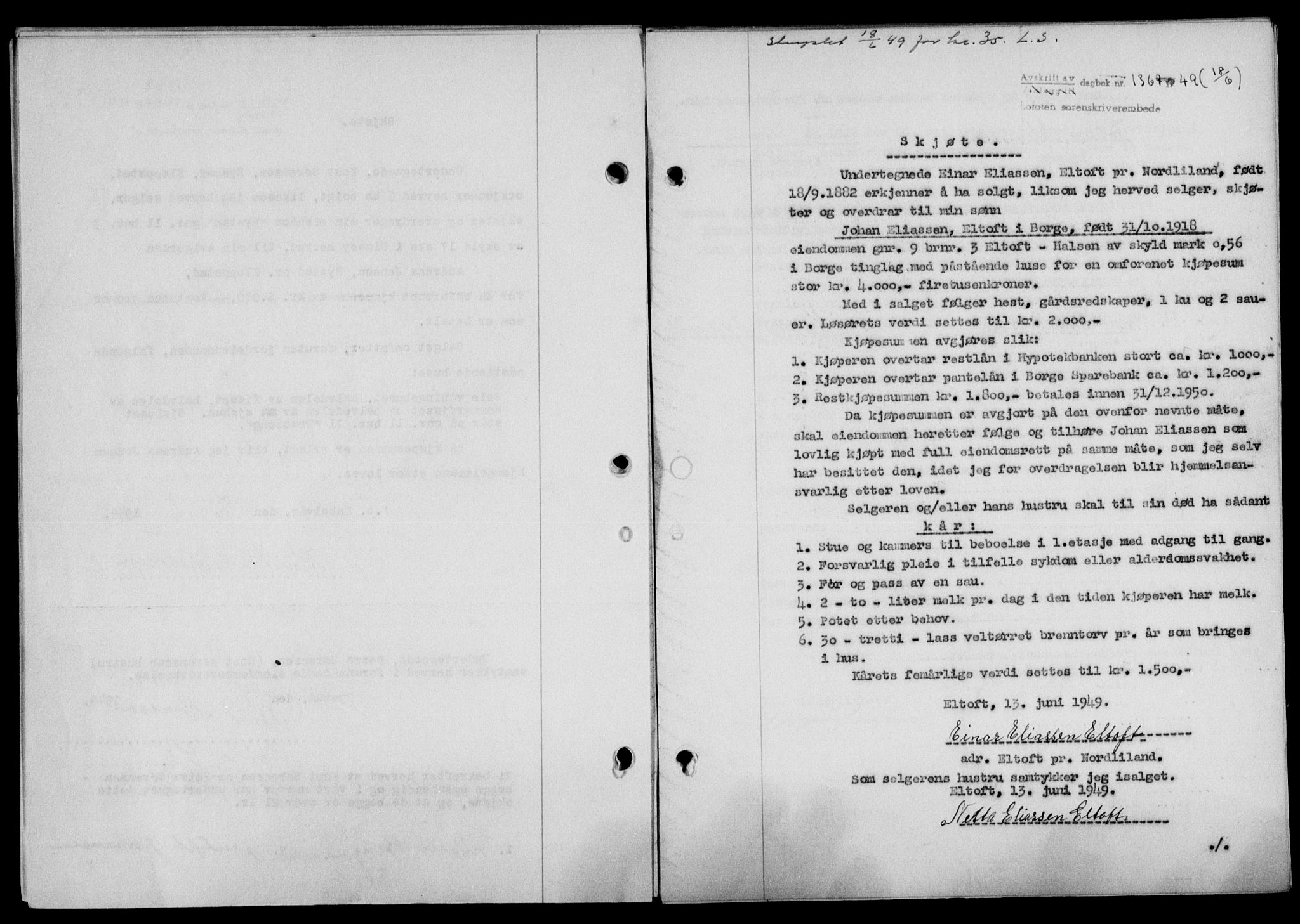Lofoten sorenskriveri, SAT/A-0017/1/2/2C/L0021a: Mortgage book no. 21a, 1949-1949, Diary no: : 1367/1949