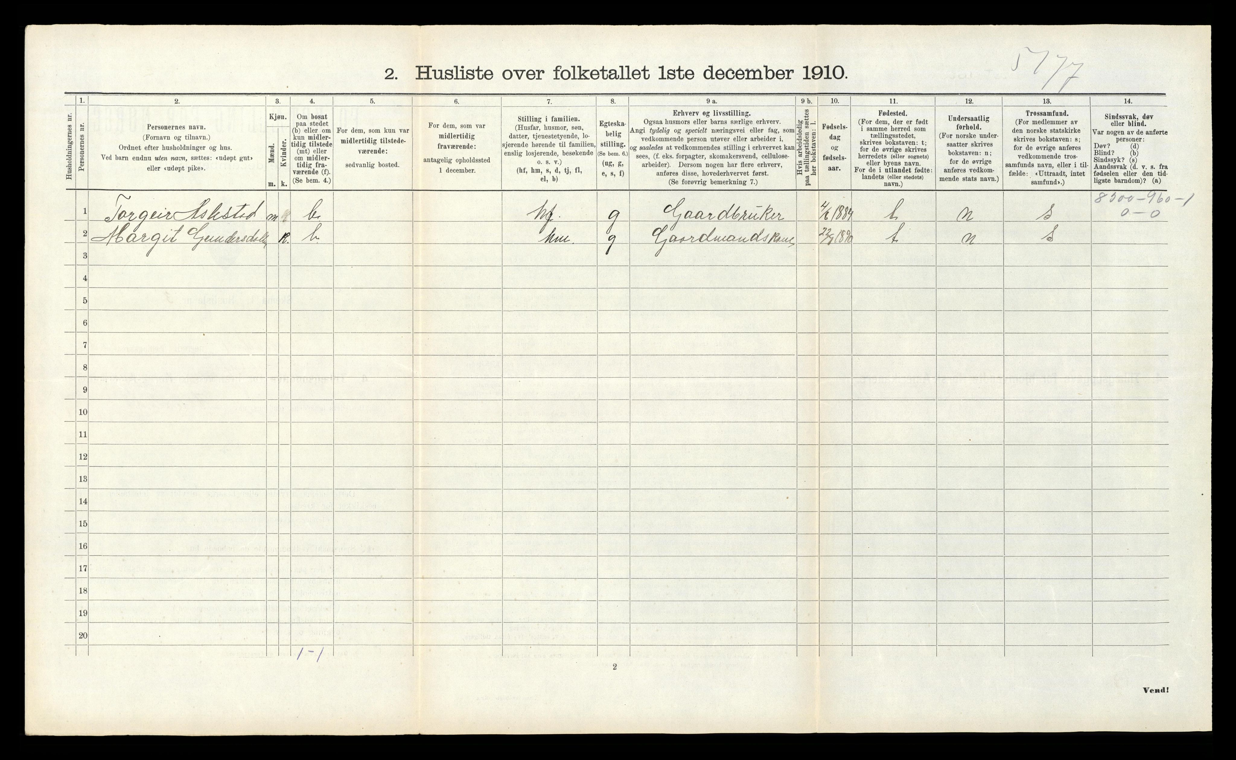 RA, 1910 census for Fyresdal, 1910, p. 164