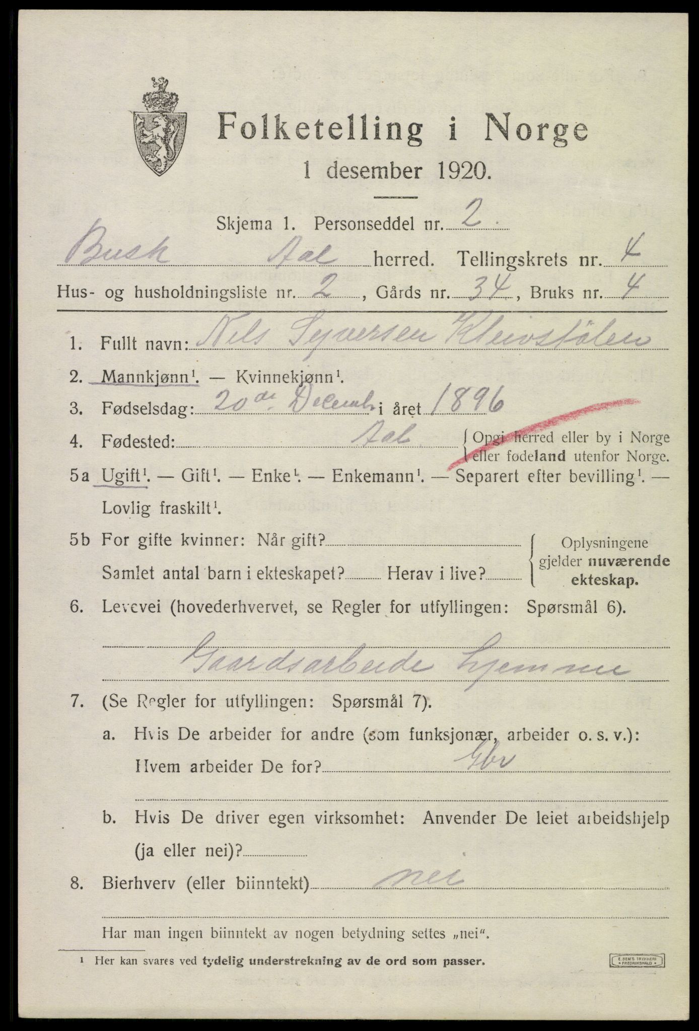 SAKO, 1920 census for Ål, 1920, p. 3080