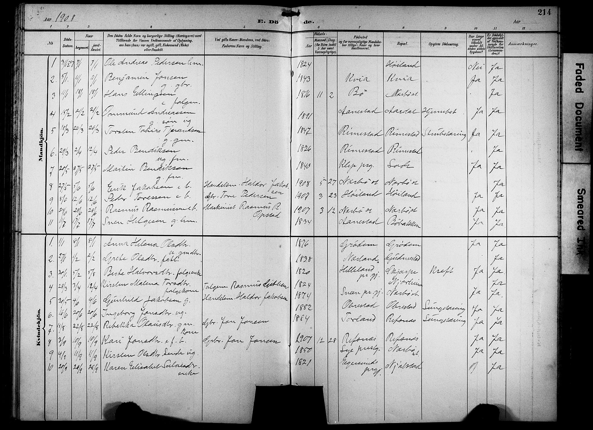 Hå sokneprestkontor, AV/SAST-A-101801/001/30BB/L0005: Parish register (copy) no. B 5, 1894-1912, p. 214