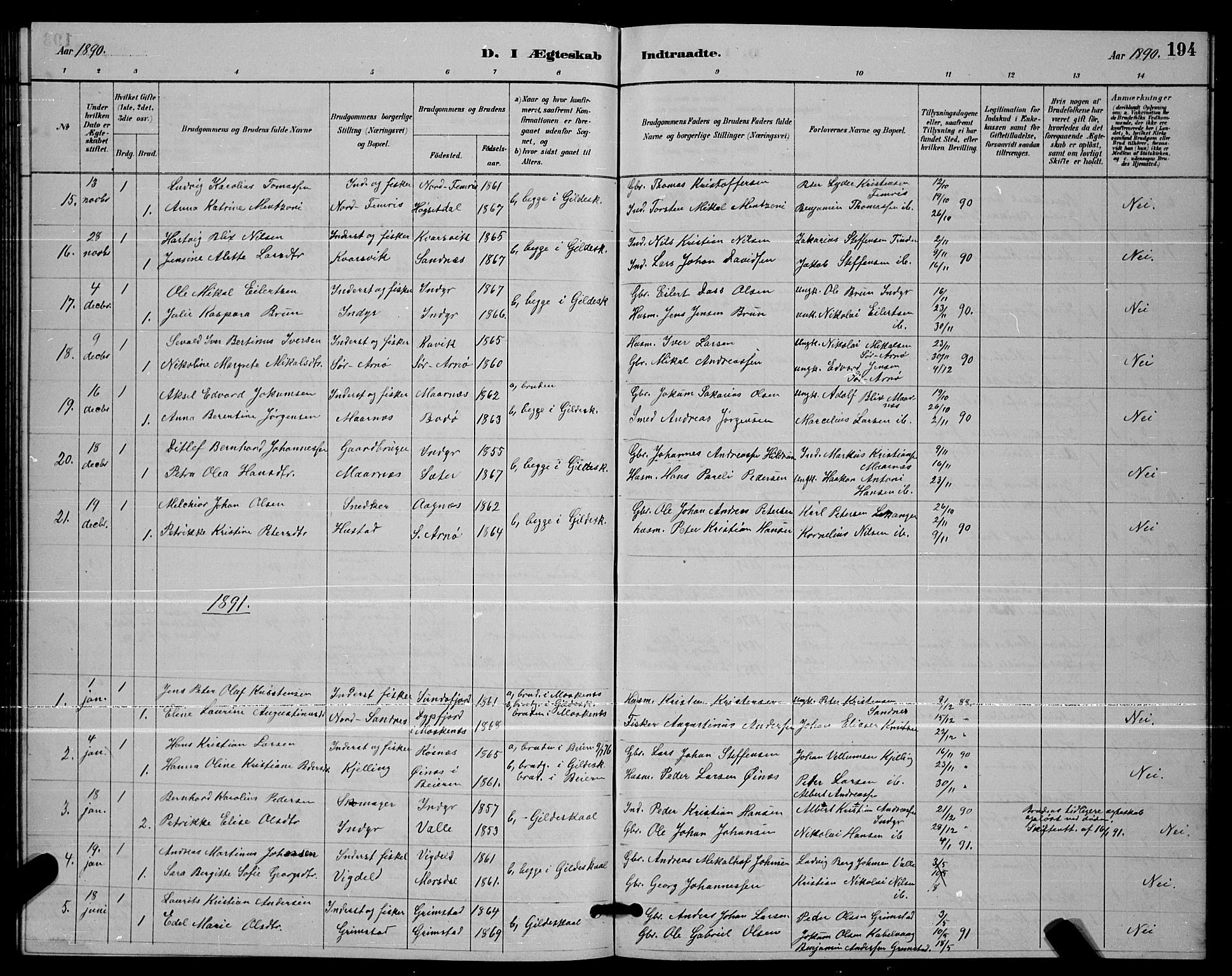 Ministerialprotokoller, klokkerbøker og fødselsregistre - Nordland, AV/SAT-A-1459/805/L0108: Parish register (copy) no. 805C04, 1885-1899, p. 194