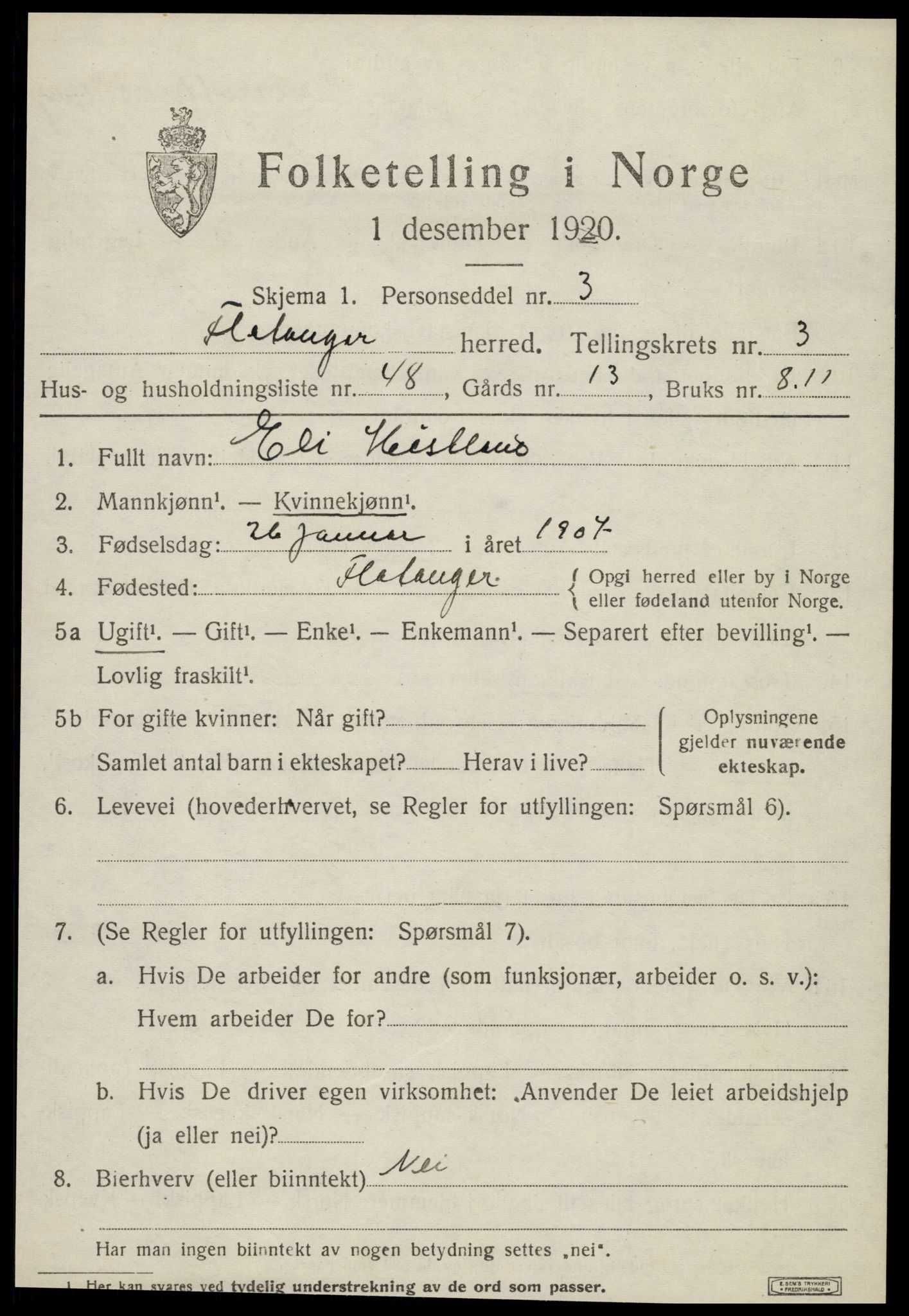 SAT, 1920 census for Flatanger, 1920, p. 2168