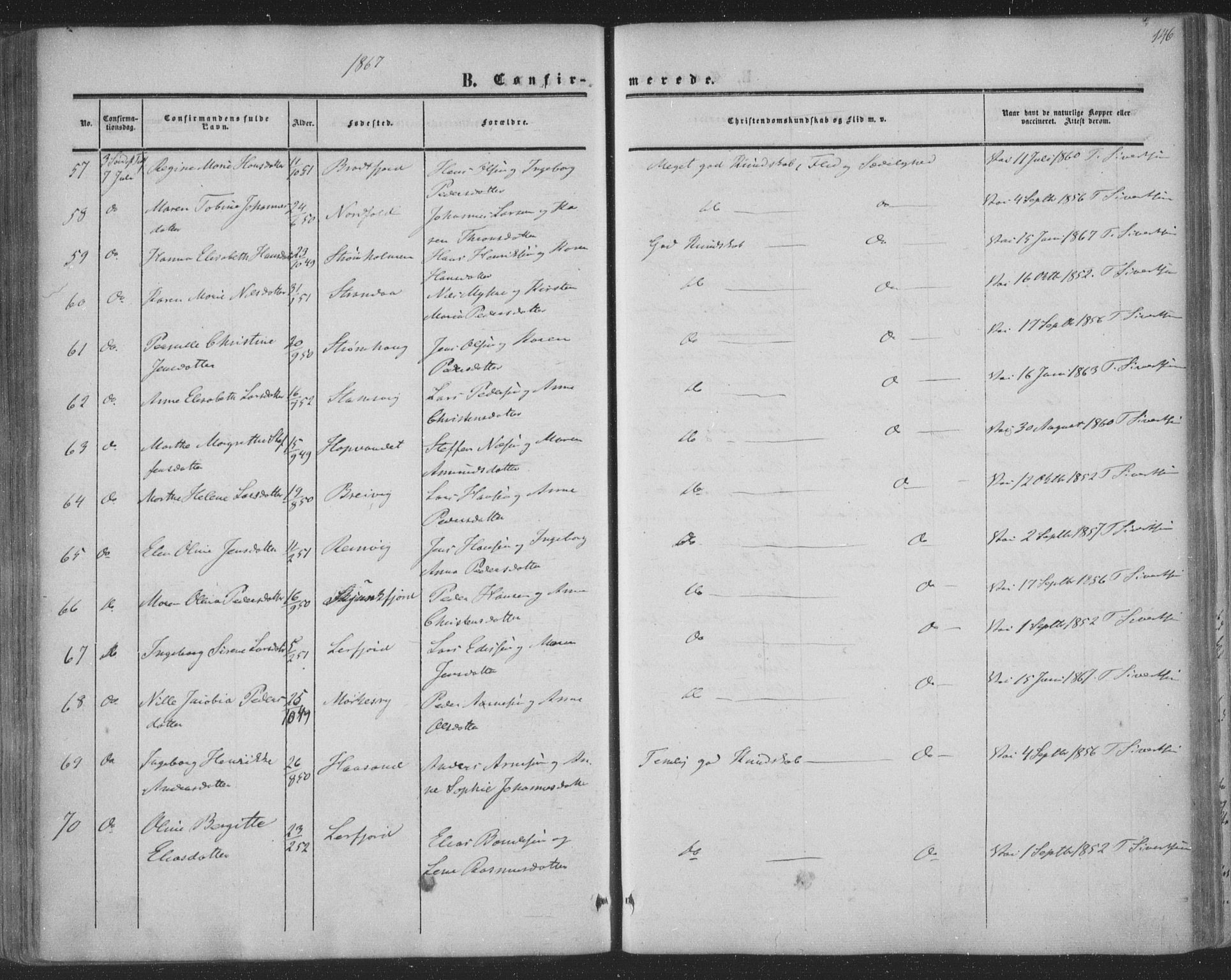 Ministerialprotokoller, klokkerbøker og fødselsregistre - Nordland, AV/SAT-A-1459/853/L0770: Parish register (official) no. 853A09, 1857-1870, p. 146