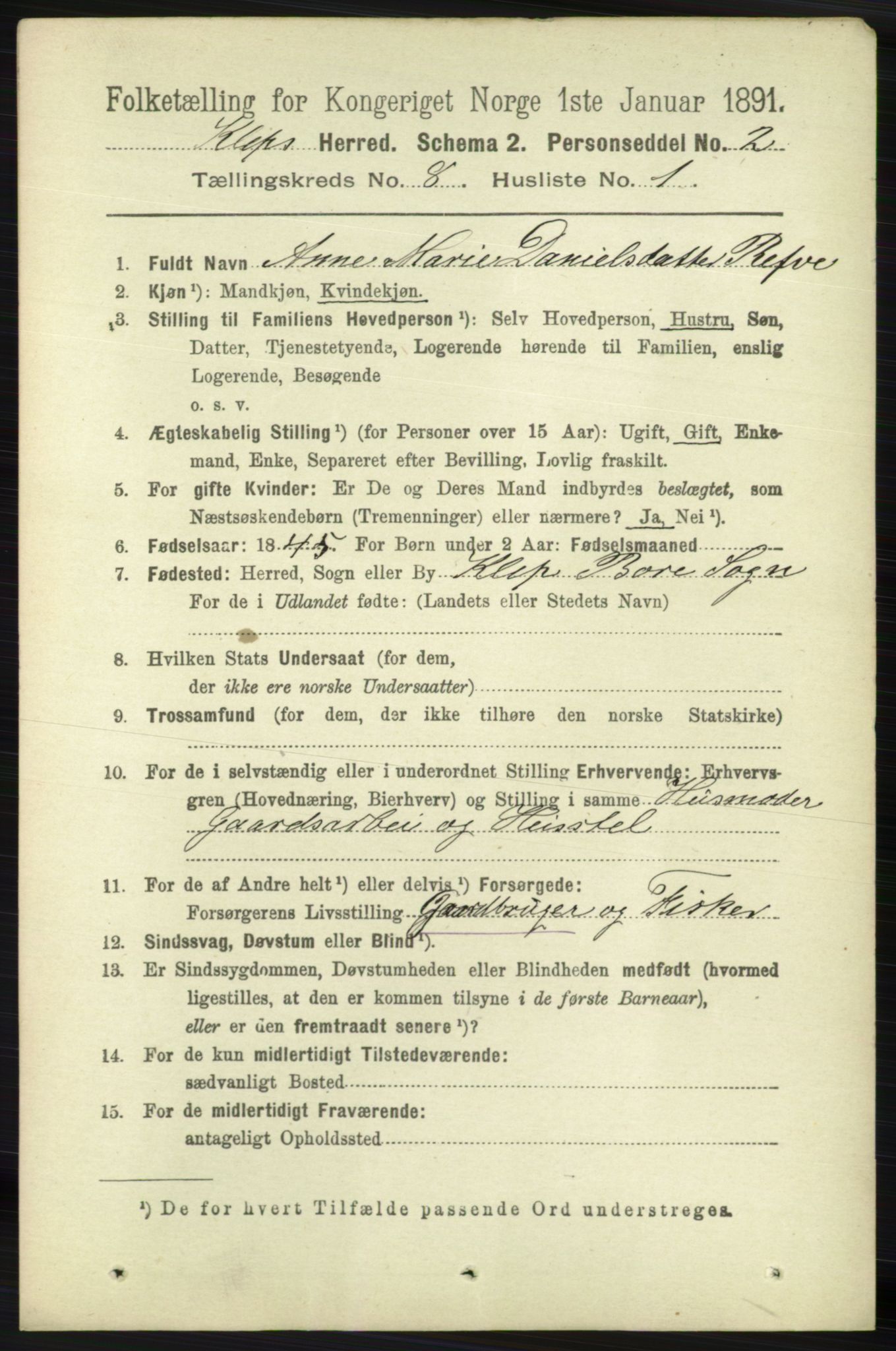 RA, 1891 census for 1120 Klepp, 1891, p. 2506