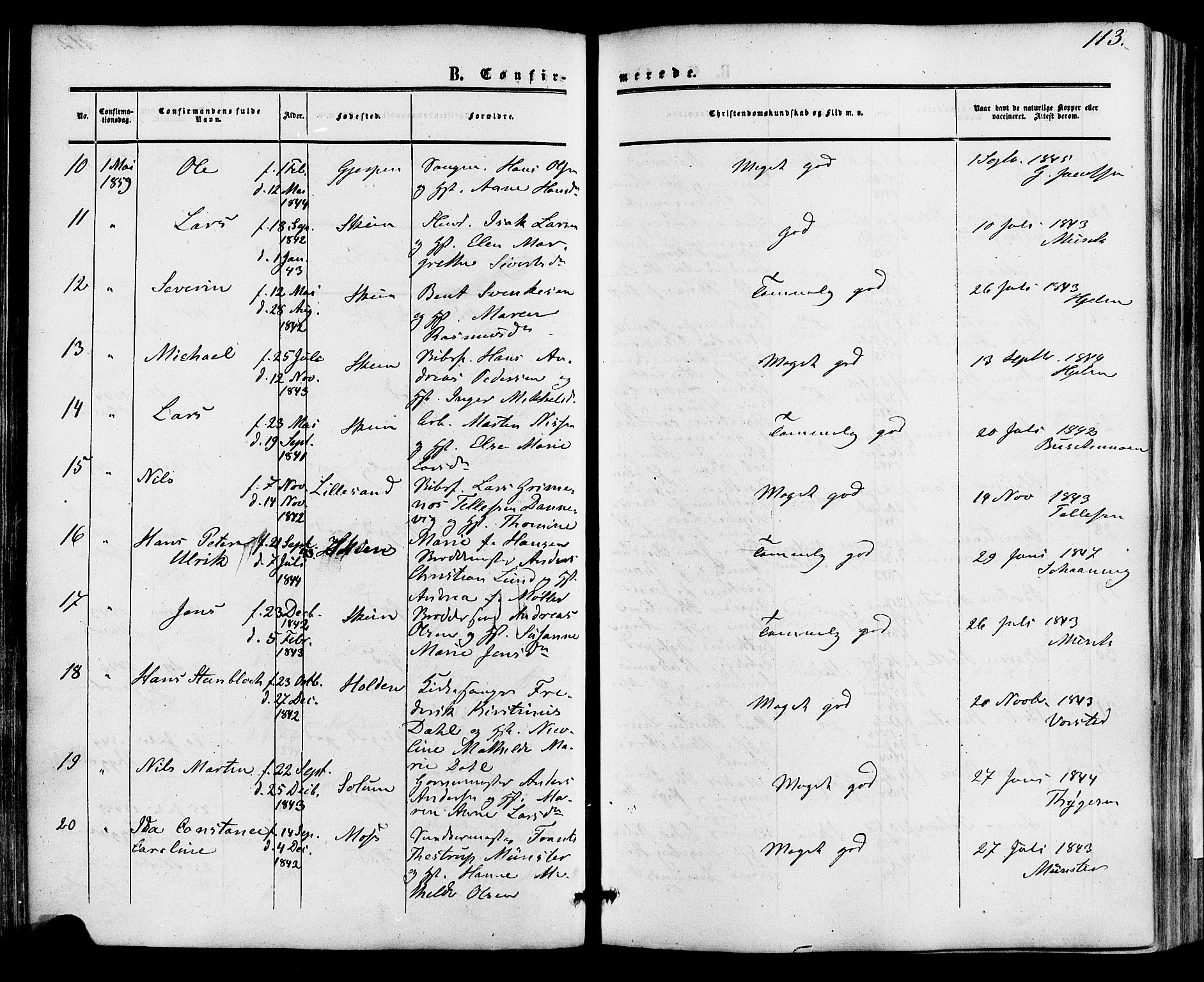 Skien kirkebøker, AV/SAKO-A-302/F/Fa/L0007: Parish register (official) no. 7, 1856-1865, p. 113