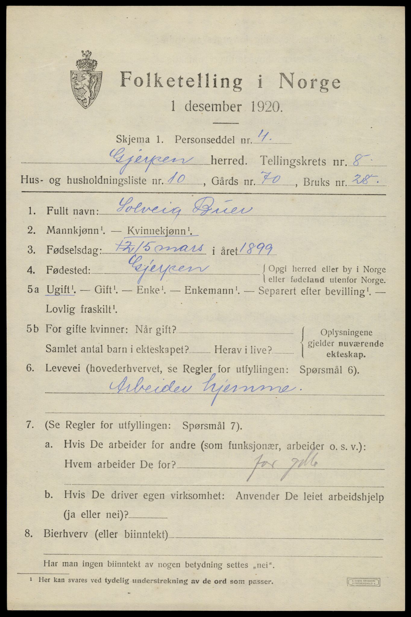 SAKO, 1920 census for Gjerpen, 1920, p. 10742