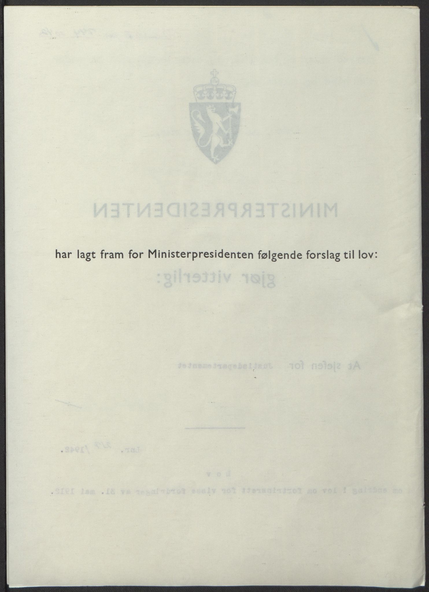 NS-administrasjonen 1940-1945 (Statsrådsekretariatet, de kommisariske statsråder mm), RA/S-4279/D/Db/L0098: Lover II, 1942, p. 505