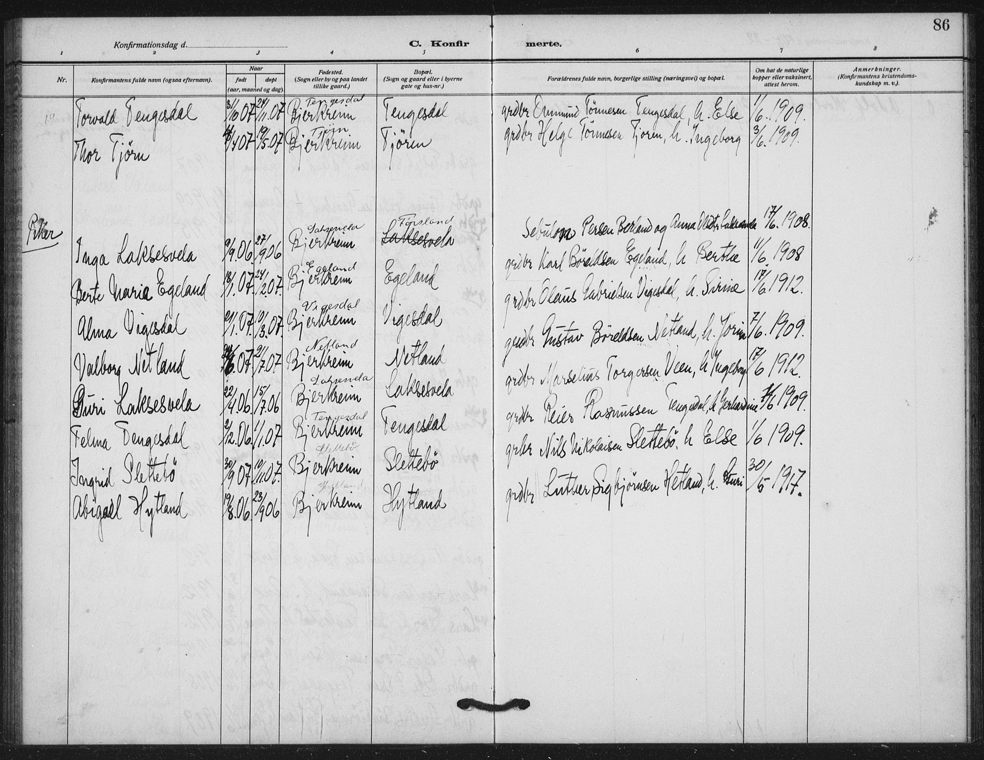 Helleland sokneprestkontor, AV/SAST-A-101810: Parish register (official) no. A 11, 1909-1922, p. 86