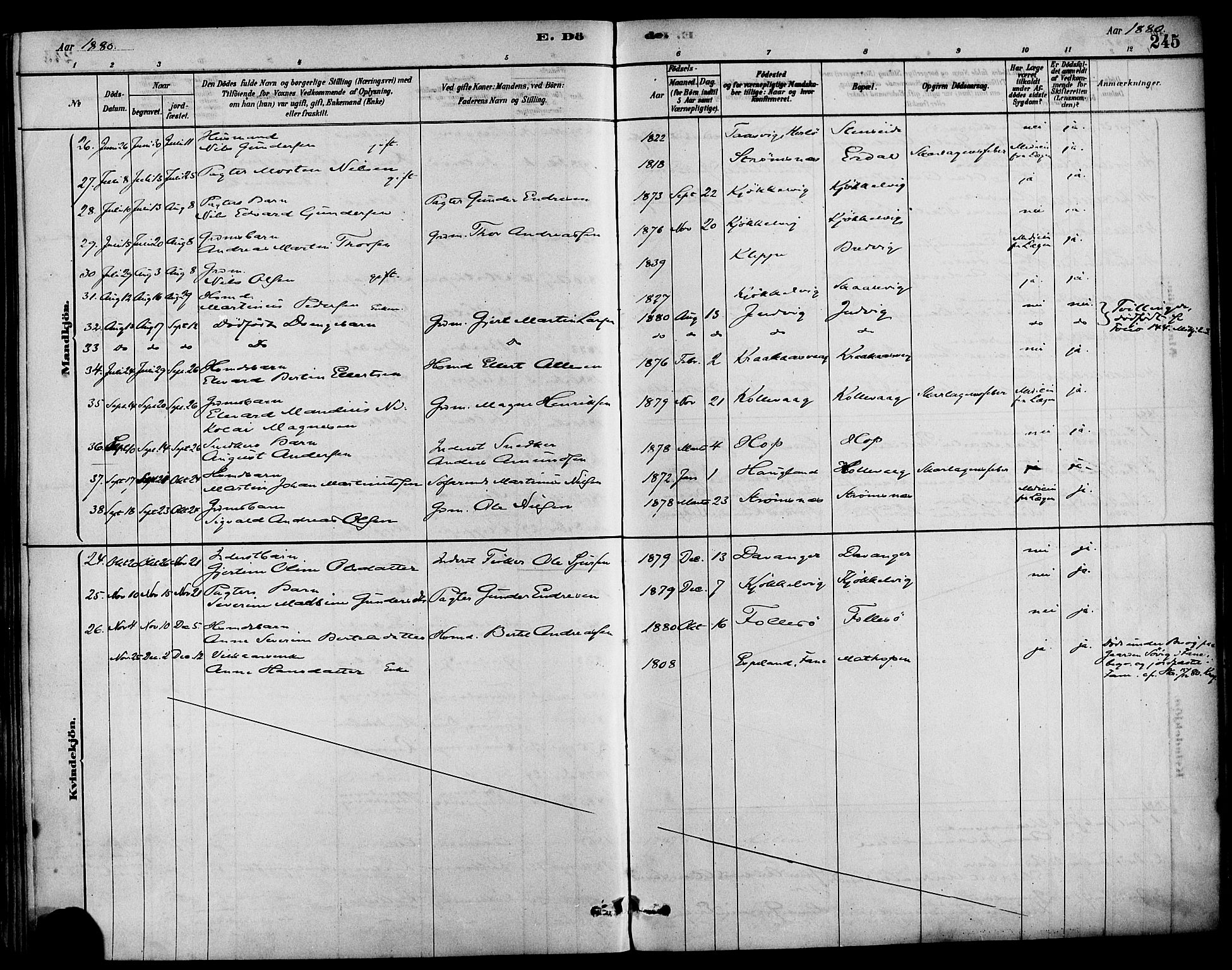 Askøy Sokneprestembete, SAB/A-74101/H/Ha/Haa/Haab/L0001: Parish register (official) no. B 1, 1878-1889, p. 245