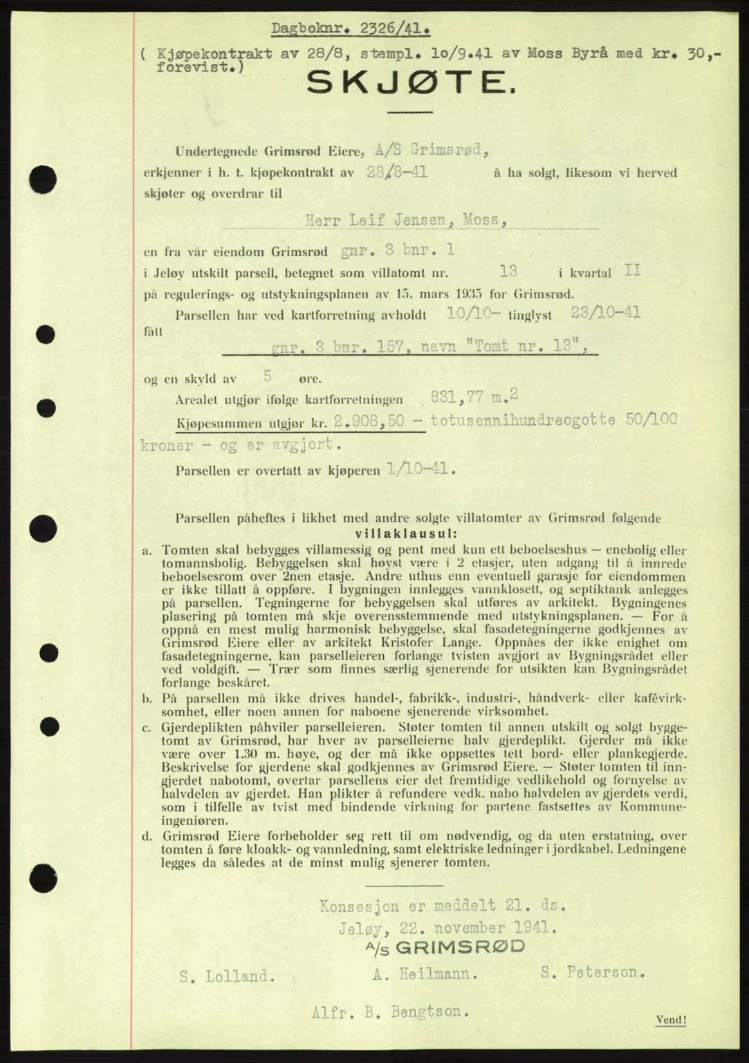 Moss sorenskriveri, SAO/A-10168: Mortgage book no. A9, 1941-1942, Diary no: : 2326/1941