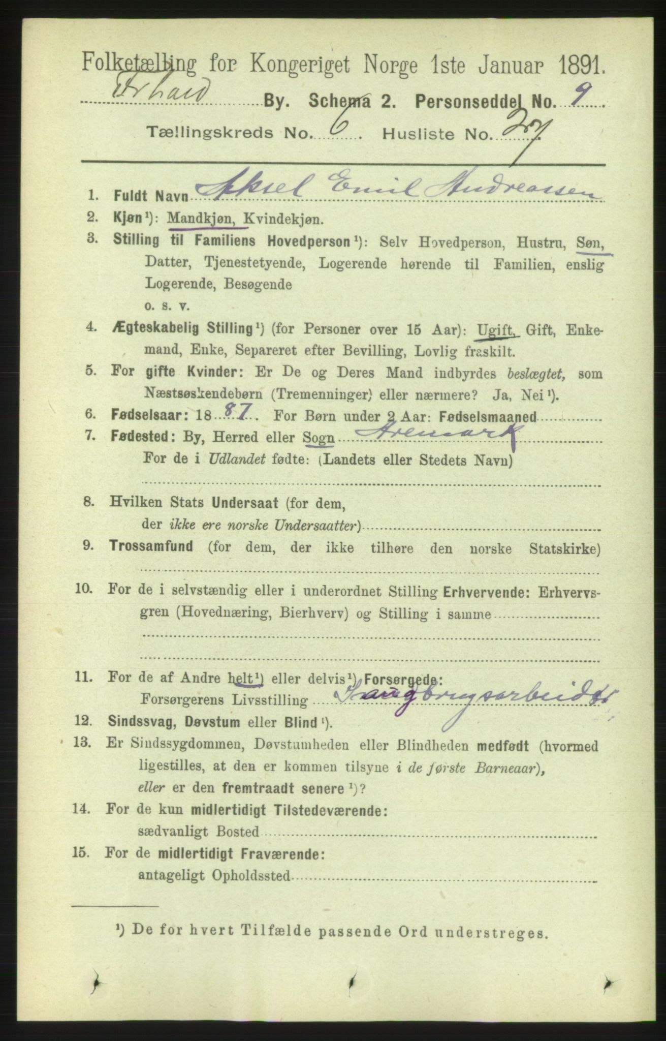 RA, 1891 census for 0101 Fredrikshald, 1891, p. 4953