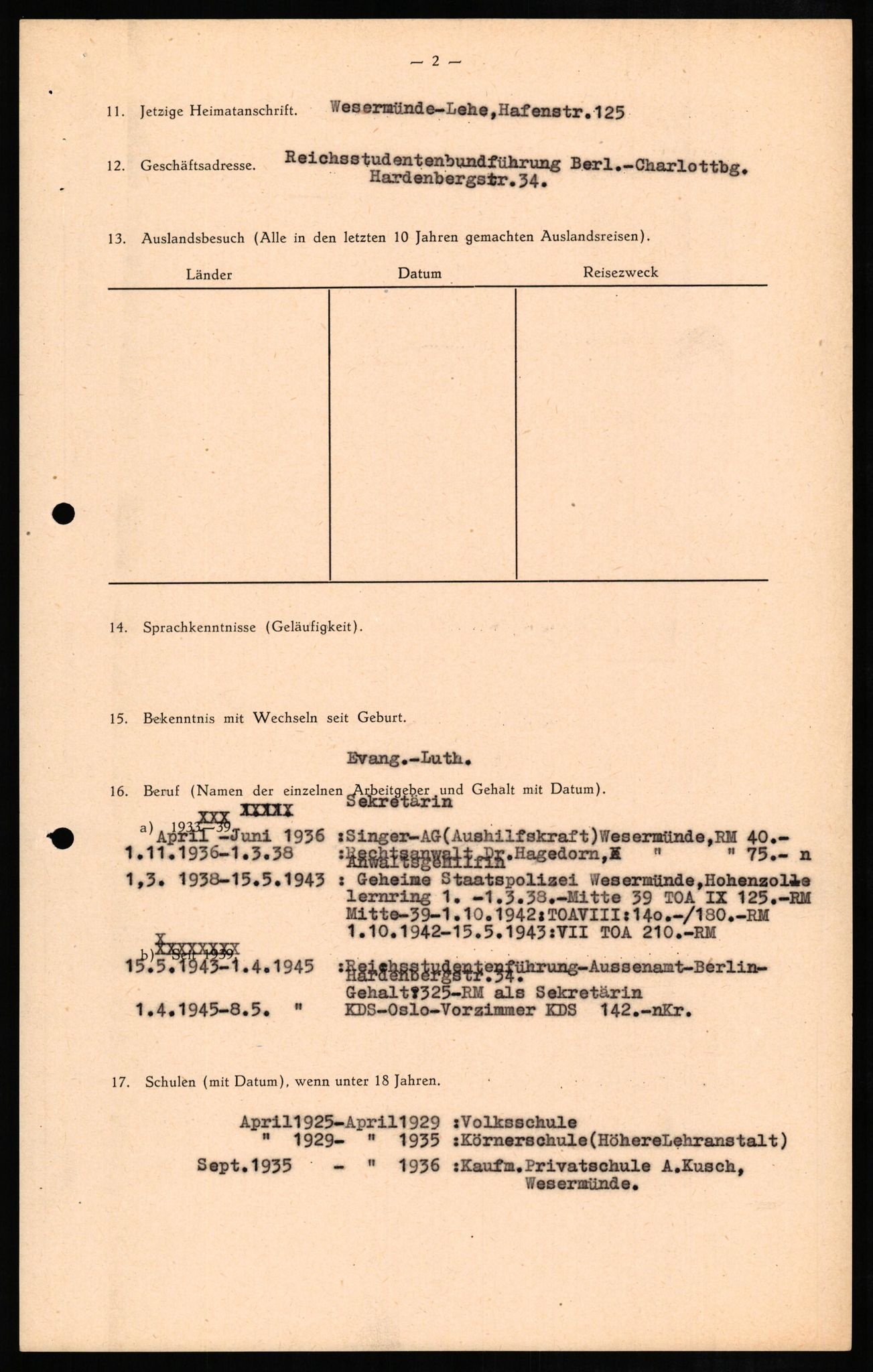 Forsvaret, Forsvarets overkommando II, RA/RAFA-3915/D/Db/L0010: CI Questionaires. Tyske okkupasjonsstyrker i Norge. Tyskere., 1945-1946, p. 385
