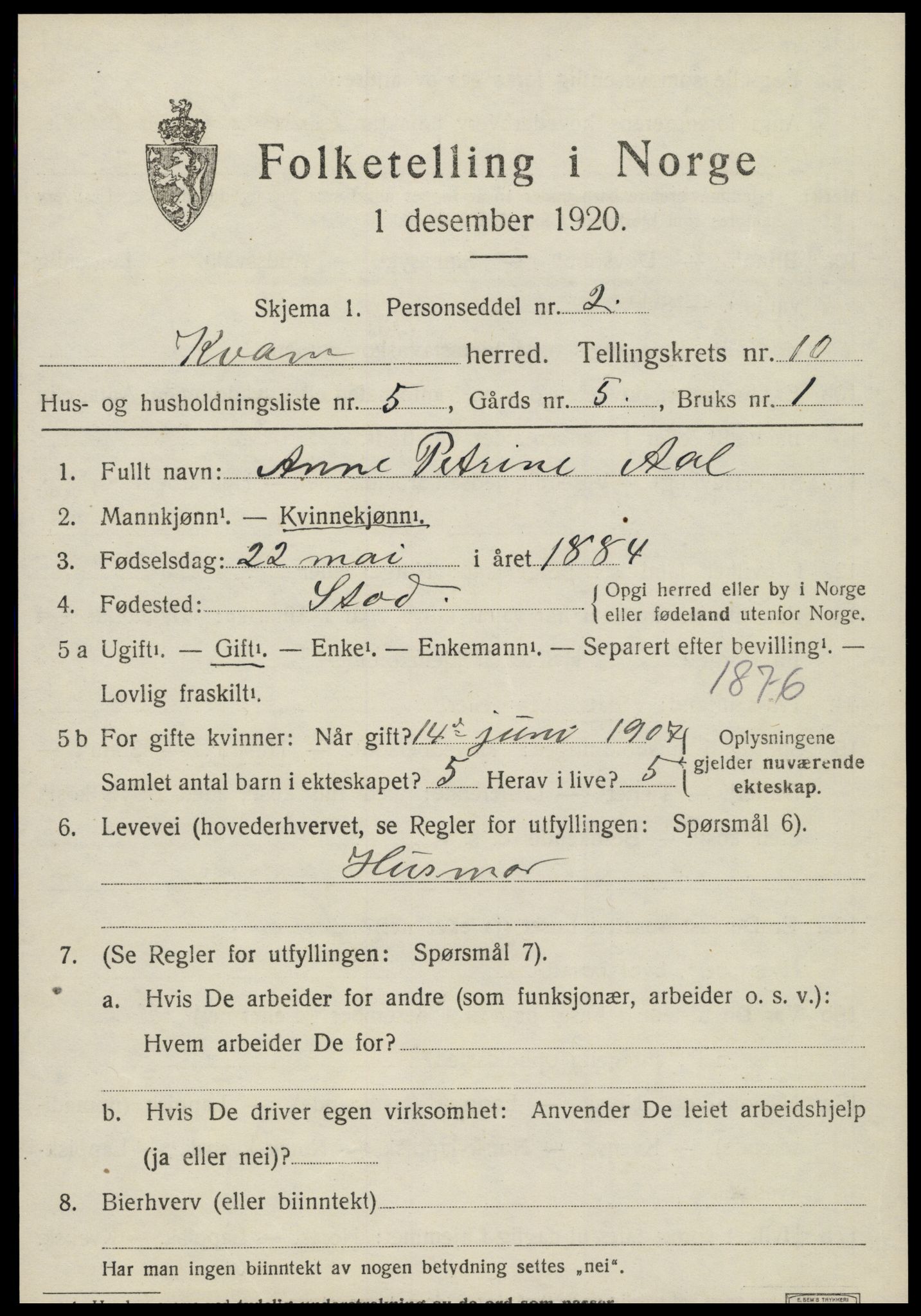 SAT, 1920 census for Kvam, 1920, p. 2549
