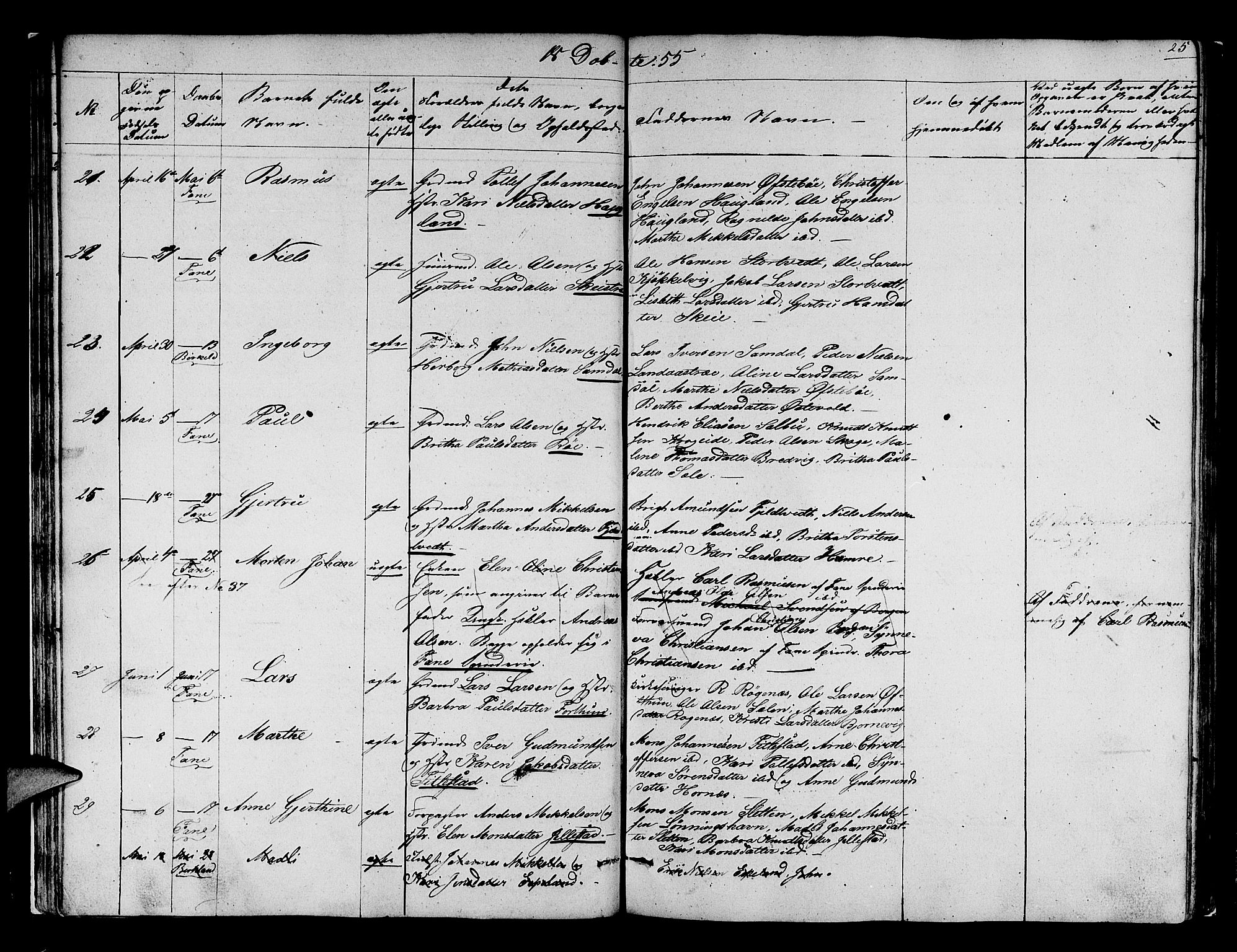 Fana Sokneprestembete, AV/SAB-A-75101/H/Hab/Habb/L0002: Parish register (copy) no. B 2, 1851-1860, p. 25