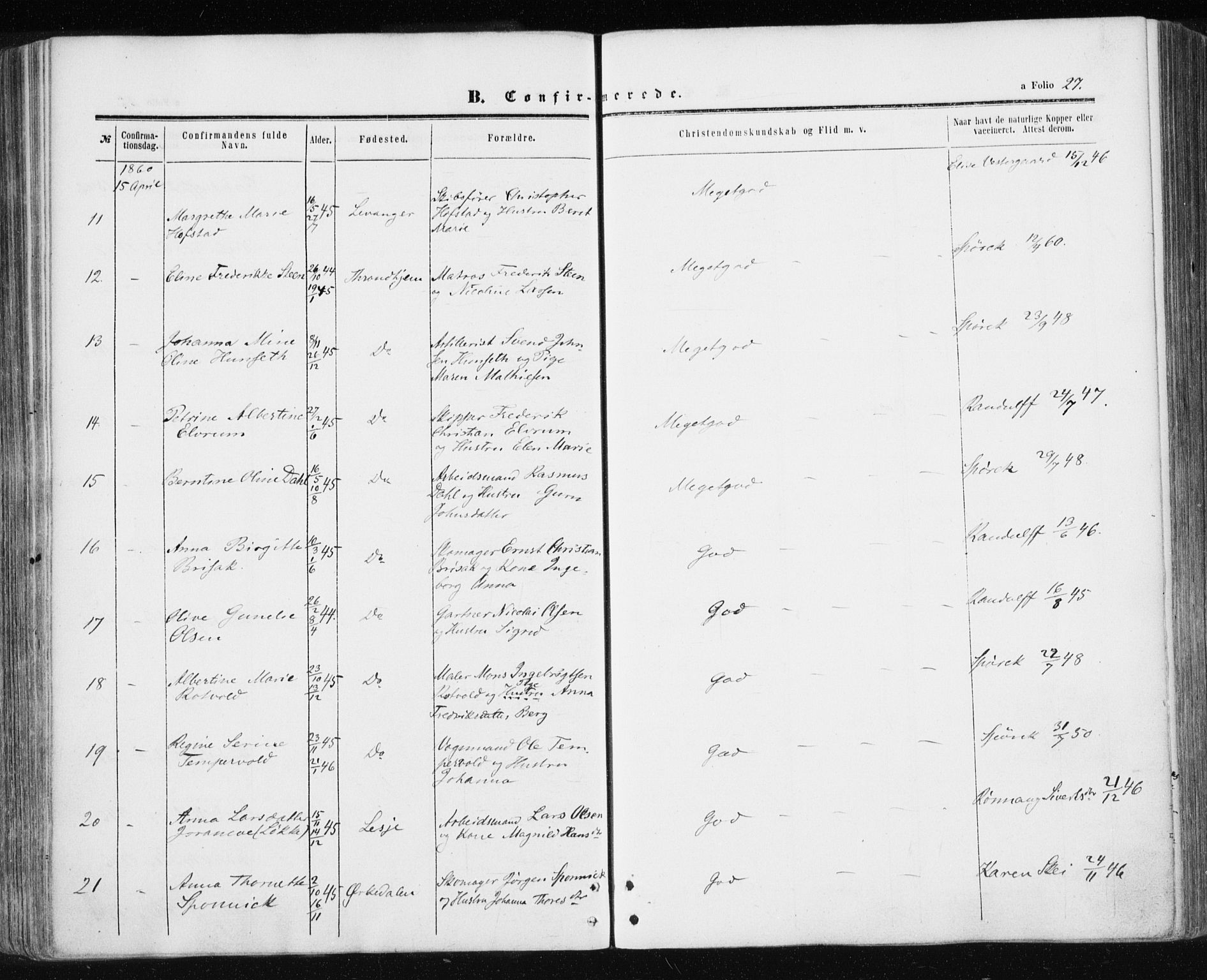 Ministerialprotokoller, klokkerbøker og fødselsregistre - Sør-Trøndelag, AV/SAT-A-1456/601/L0053: Parish register (official) no. 601A21, 1857-1865, p. 27