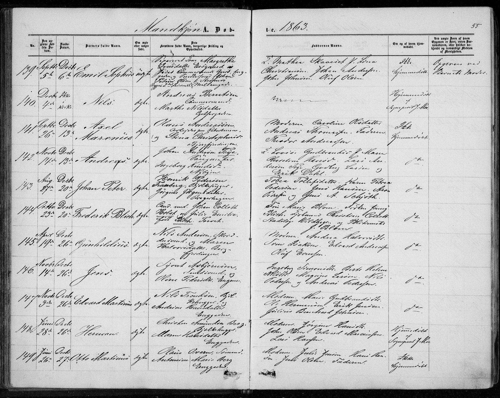 Bragernes kirkebøker, AV/SAKO-A-6/F/Fb/L0003: Parish register (official) no. II 3, 1860-1868, p. 55