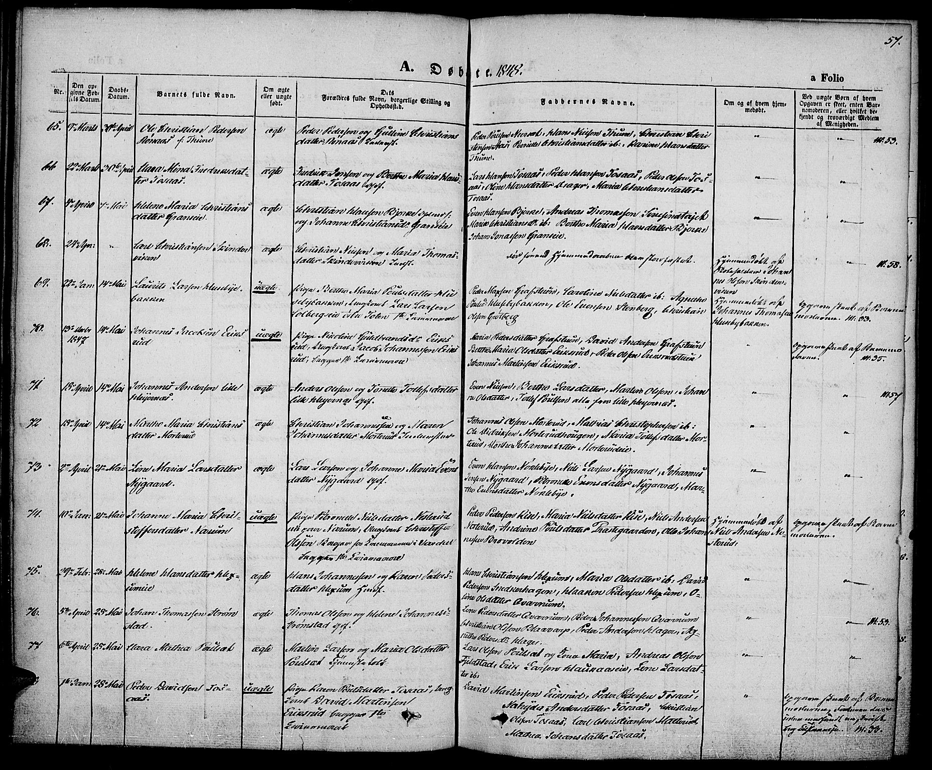 Vestre Toten prestekontor, AV/SAH-PREST-108/H/Ha/Haa/L0004: Parish register (official) no. 4, 1844-1849, p. 57