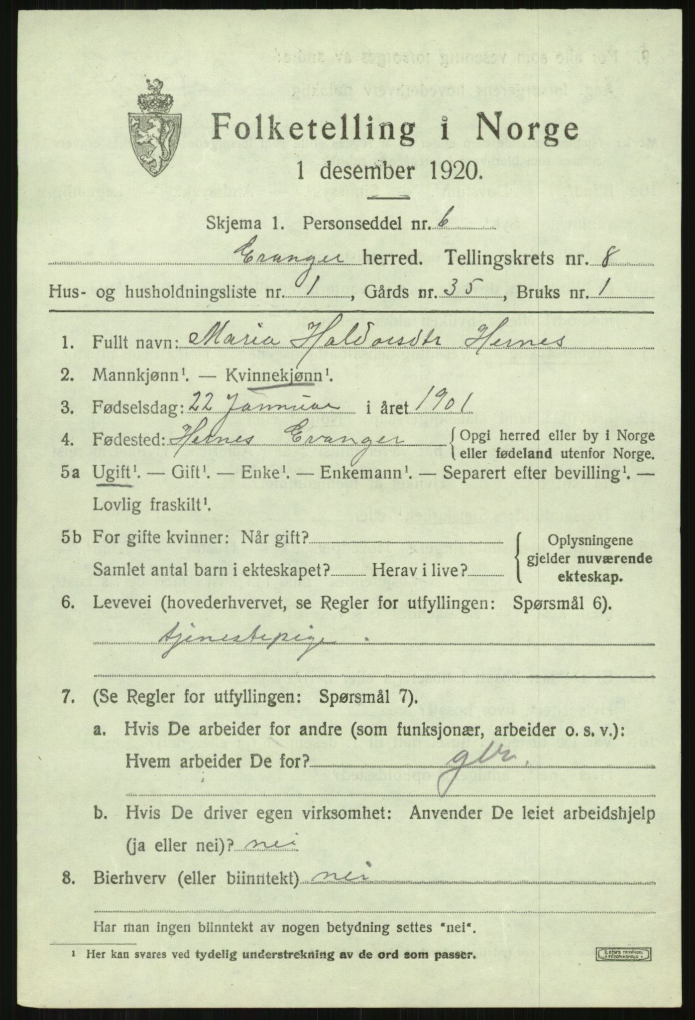 SAB, 1920 census for Evanger, 1920, p. 2489