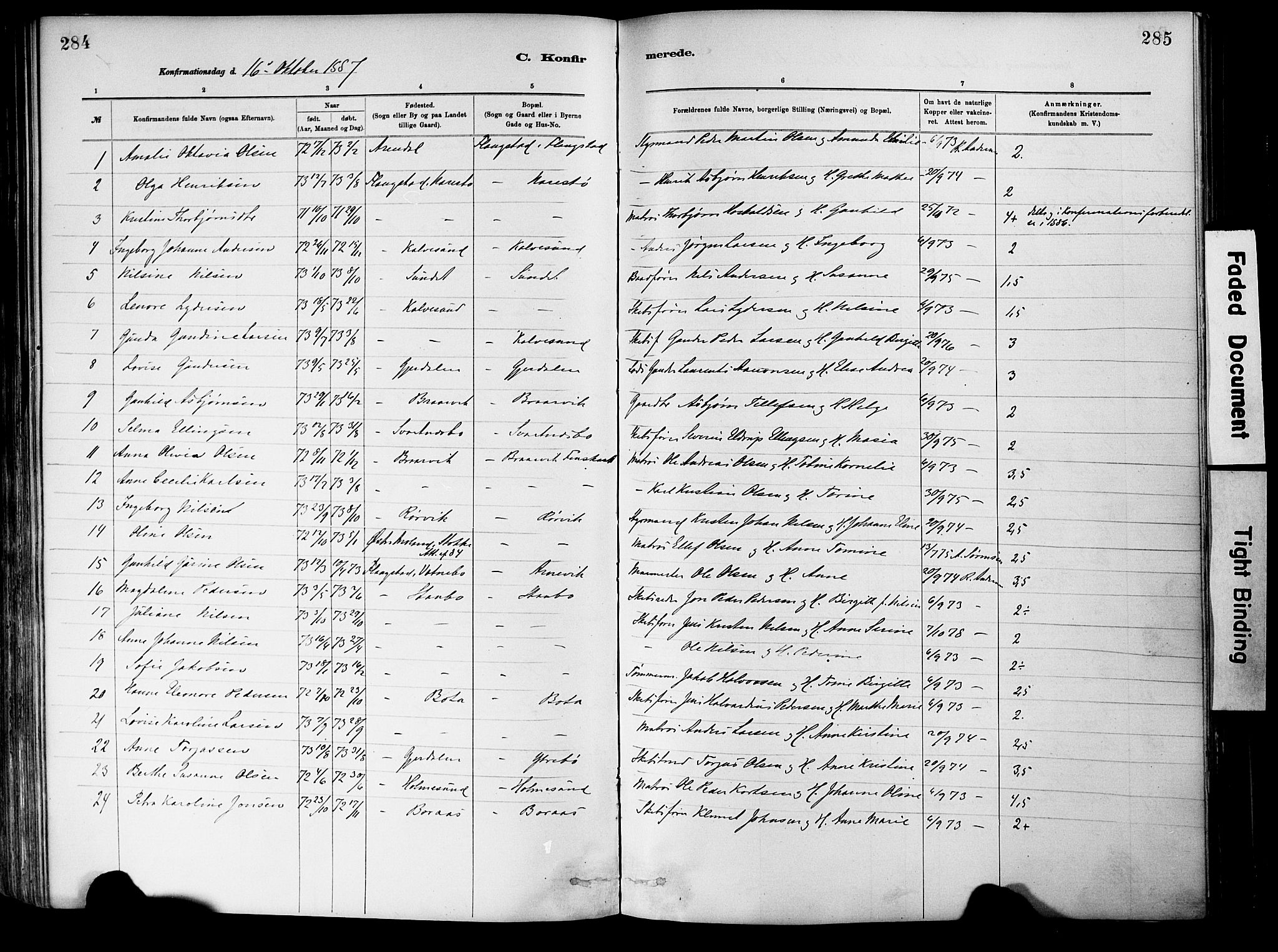 Dypvåg sokneprestkontor, SAK/1111-0007/F/Fa/Fab/L0001: Parish register (official) no. A 1, 1885-1912, p. 284-285