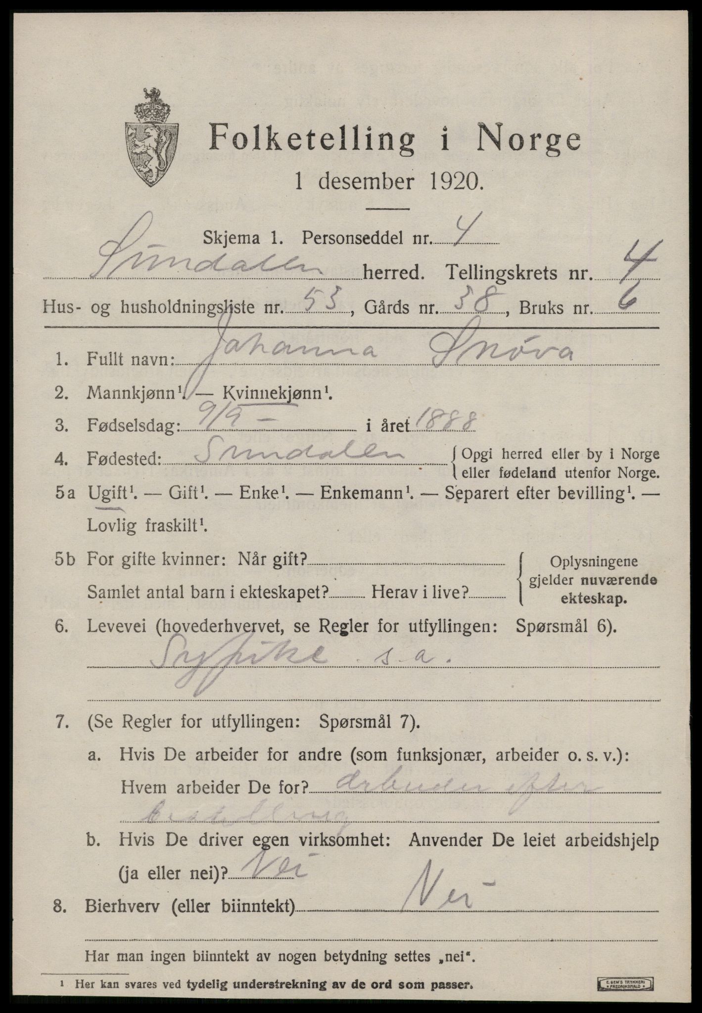 SAT, 1920 census for Sunndal, 1920, p. 3090