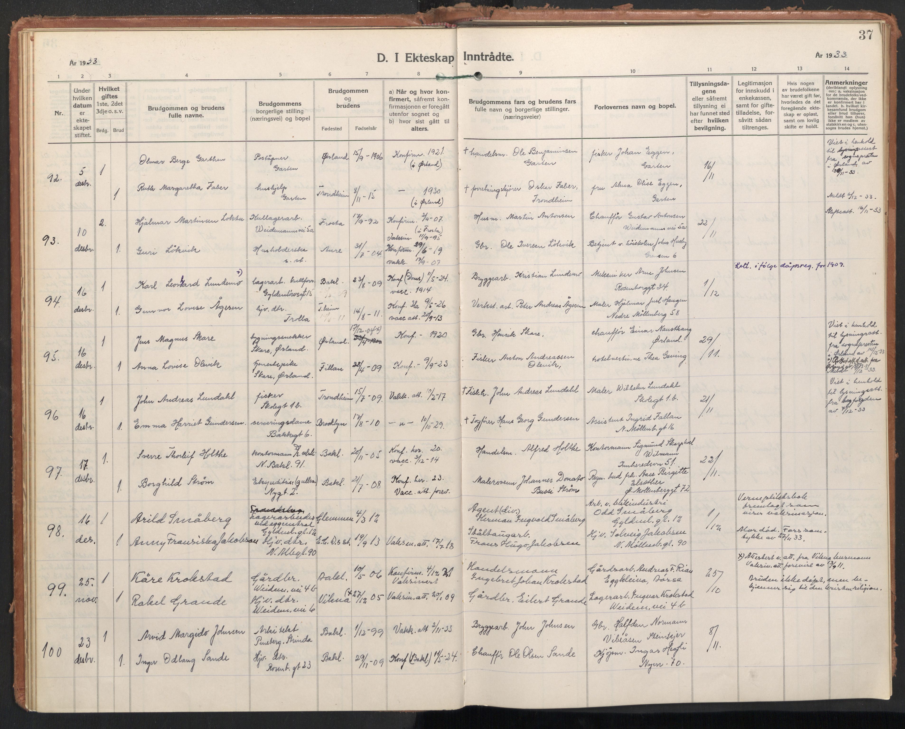 Ministerialprotokoller, klokkerbøker og fødselsregistre - Sør-Trøndelag, AV/SAT-A-1456/604/L0209: Parish register (official) no. 604A29, 1931-1945, p. 37