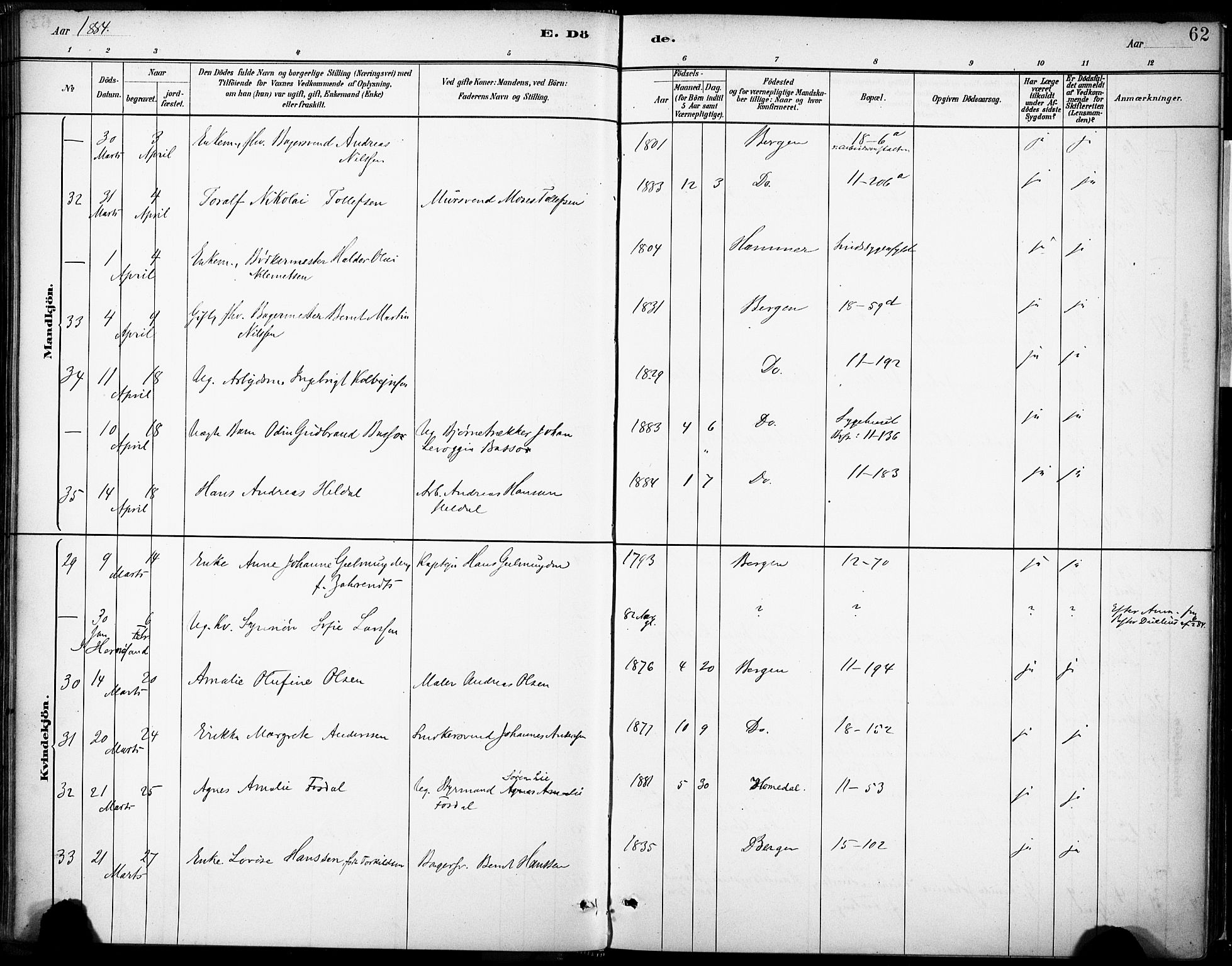 Domkirken sokneprestembete, AV/SAB-A-74801/H/Haa/L0043: Parish register (official) no. E 5, 1882-1904, p. 62