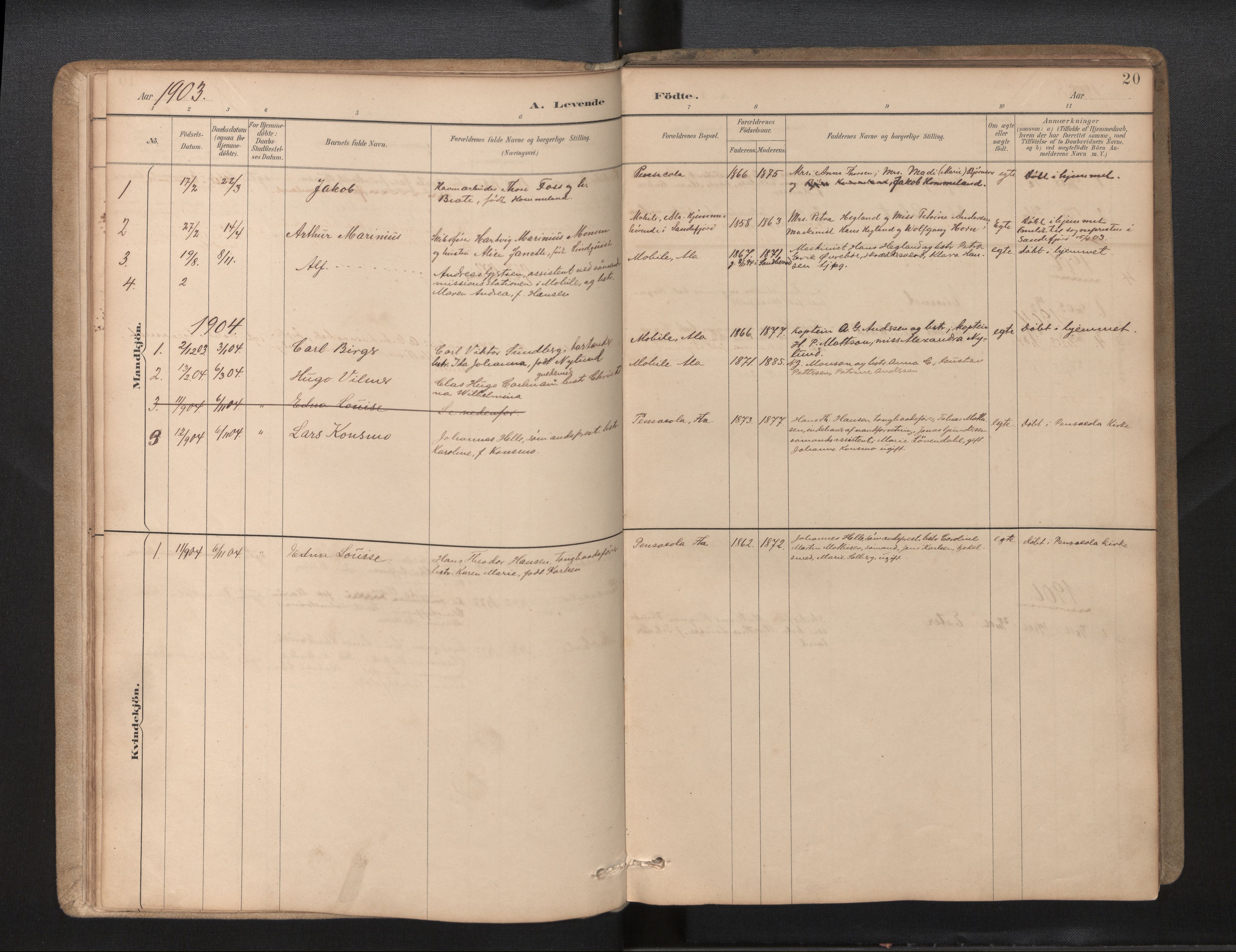 Den norske sjømannsmisjon i utlandet / Quebec (Canada) samt Pensacola--Savannah-Mobile-New Orleans-Gulfport (Gulfhamnene i USA), SAB/SAB/PA-0114/H/Ha/L0001: Parish register (official) no. A 1, 1887-1924, p. 19b-20a