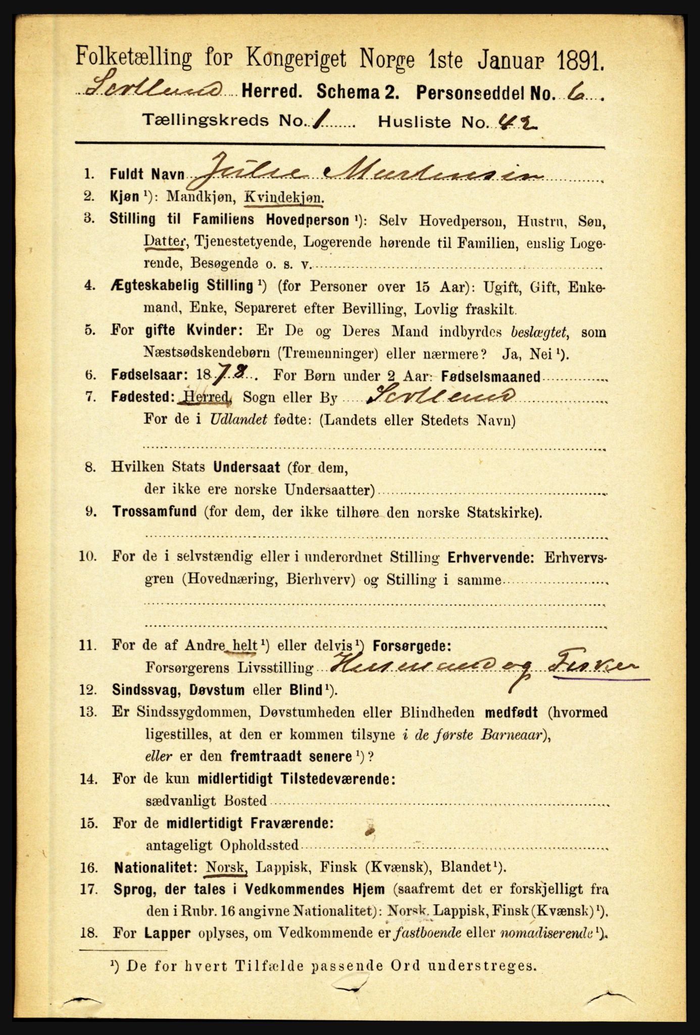 RA, 1891 census for 1870 Sortland, 1891, p. 376