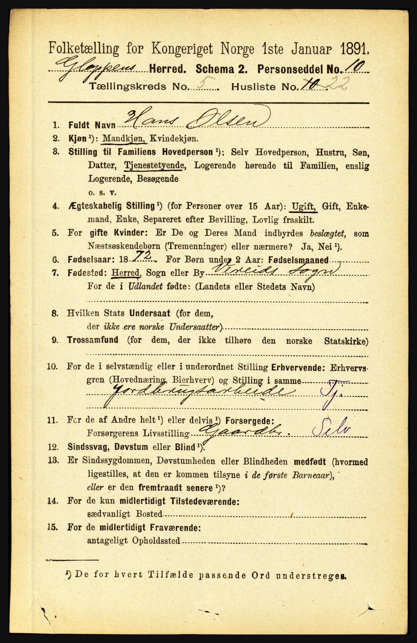 RA, 1891 census for 1445 Gloppen, 1891, p. 2204