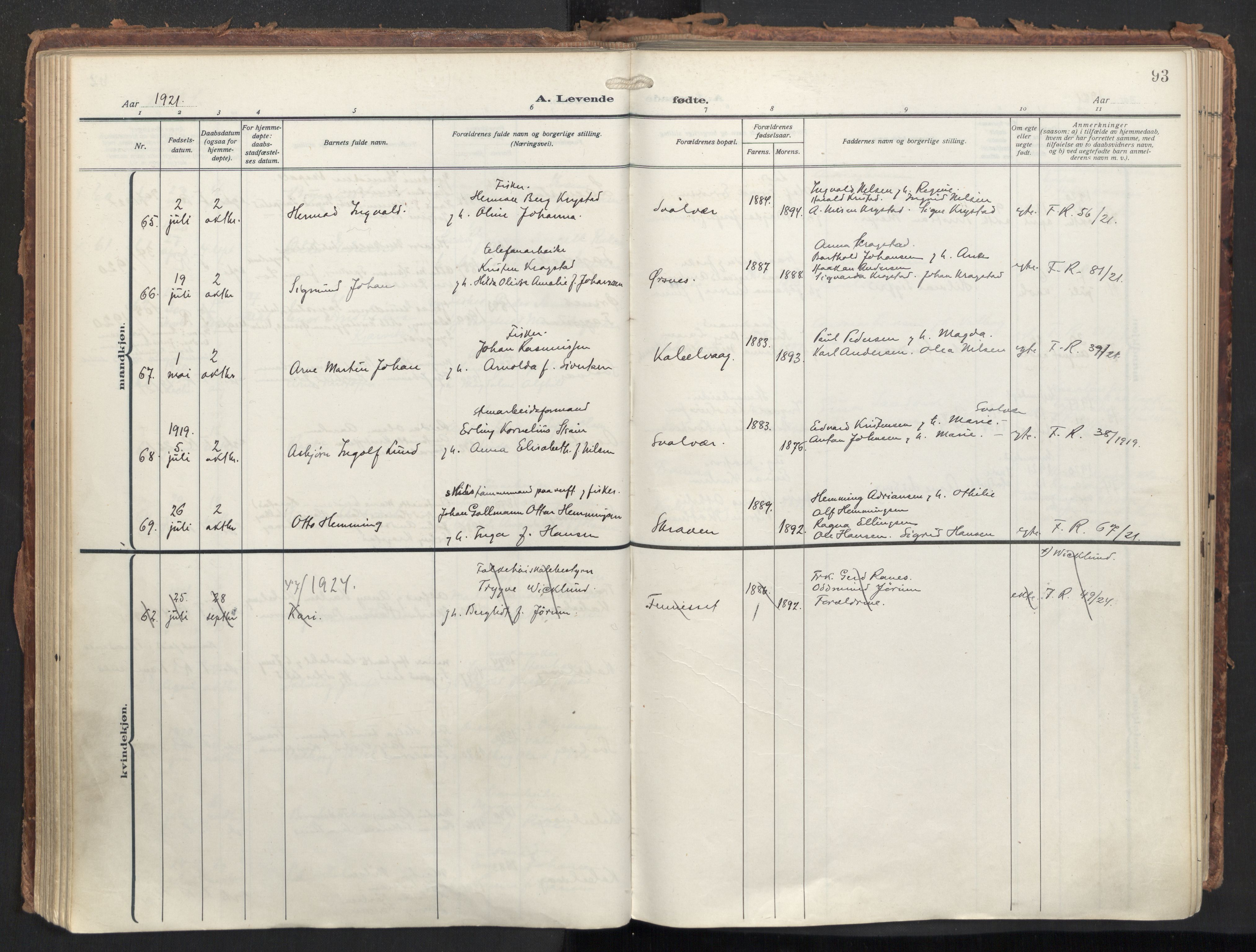 Ministerialprotokoller, klokkerbøker og fødselsregistre - Nordland, AV/SAT-A-1459/874/L1064: Parish register (official) no. 874A08, 1915-1926, p. 93