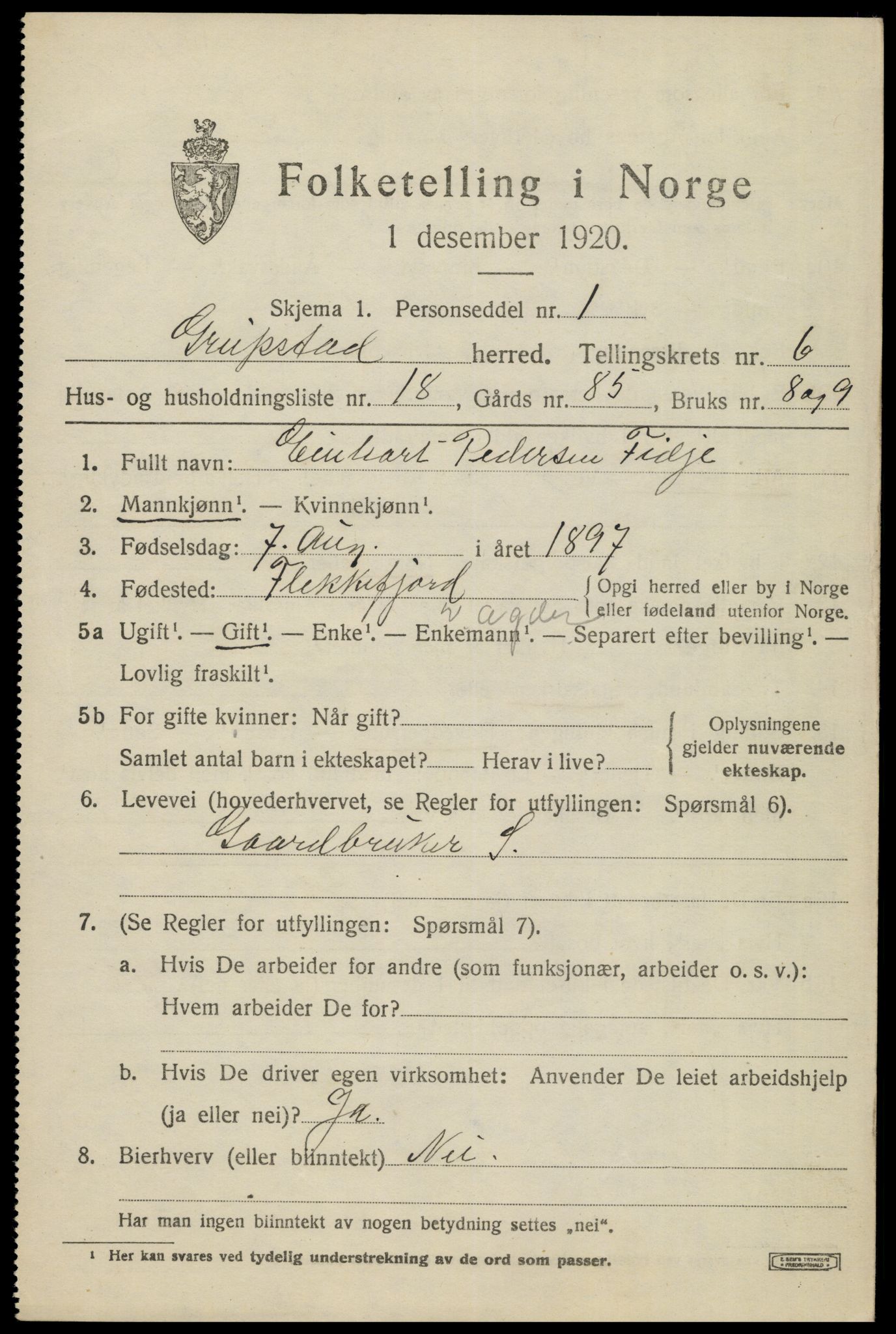 SAK, 1920 census for Greipstad, 1920, p. 2088