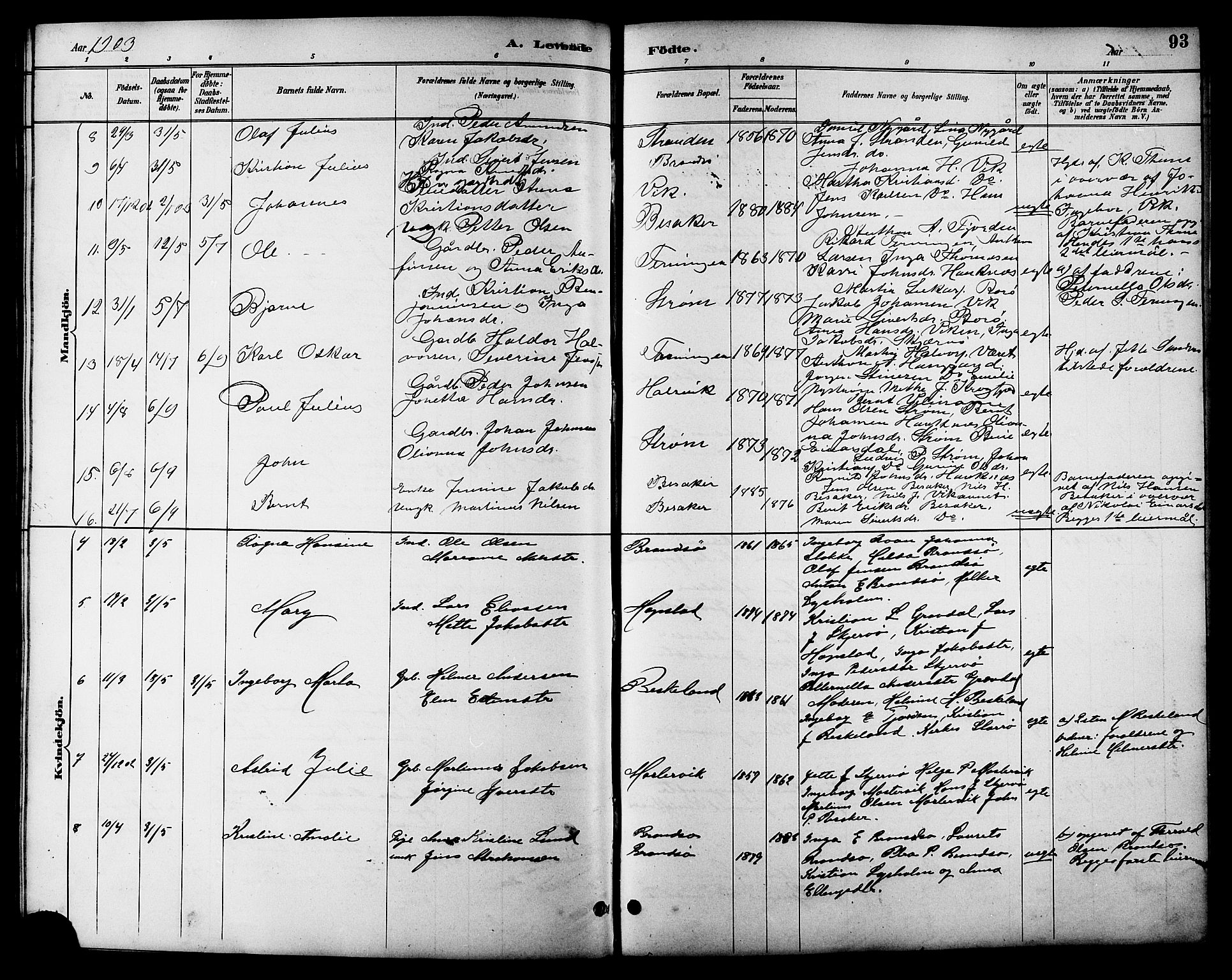 Ministerialprotokoller, klokkerbøker og fødselsregistre - Sør-Trøndelag, SAT/A-1456/657/L0716: Parish register (copy) no. 657C03, 1889-1904, p. 93