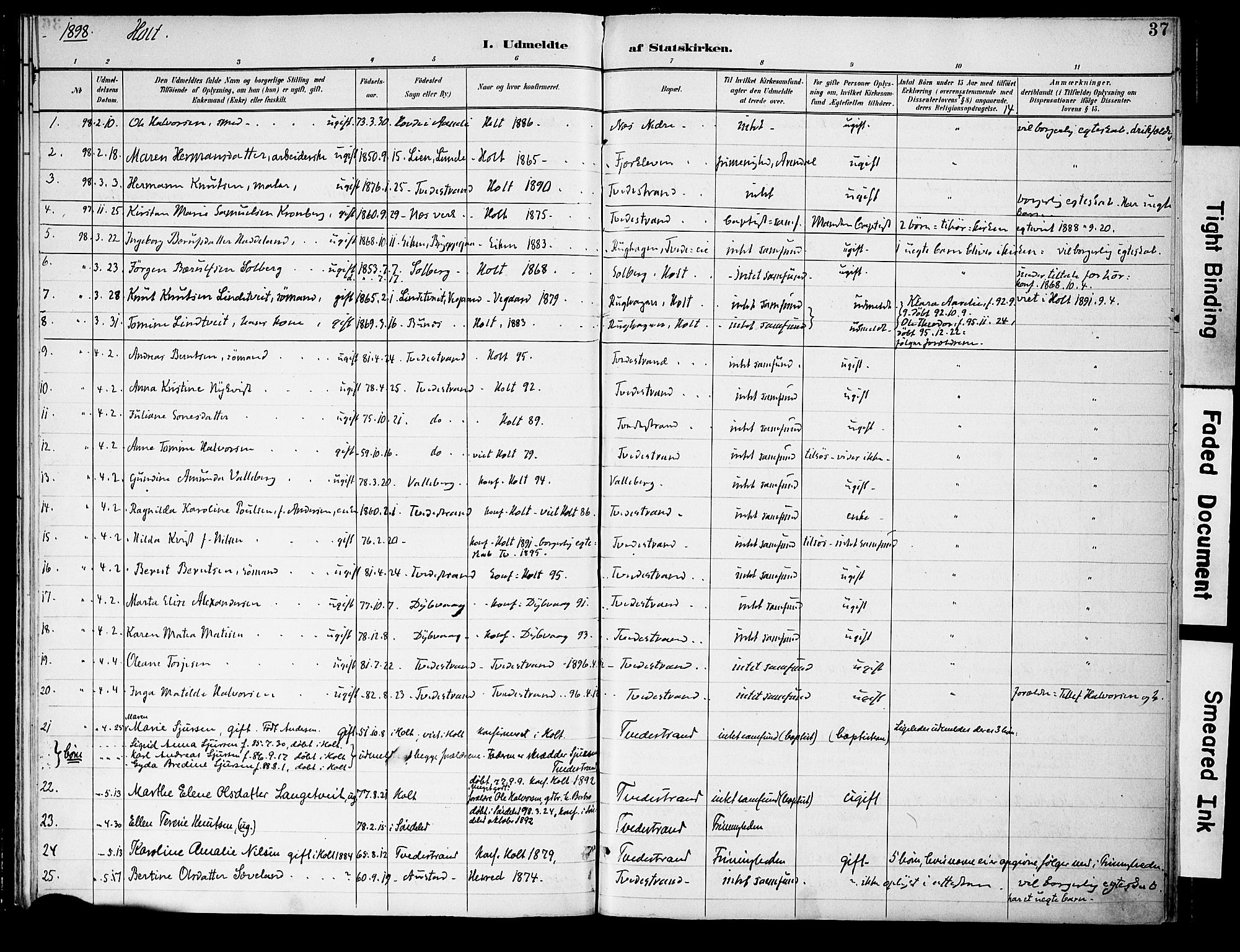 Holt sokneprestkontor, AV/SAK-1111-0021/F/Fa/L0011: Parish register (official) no. A 11, 1880-1931, p. 37