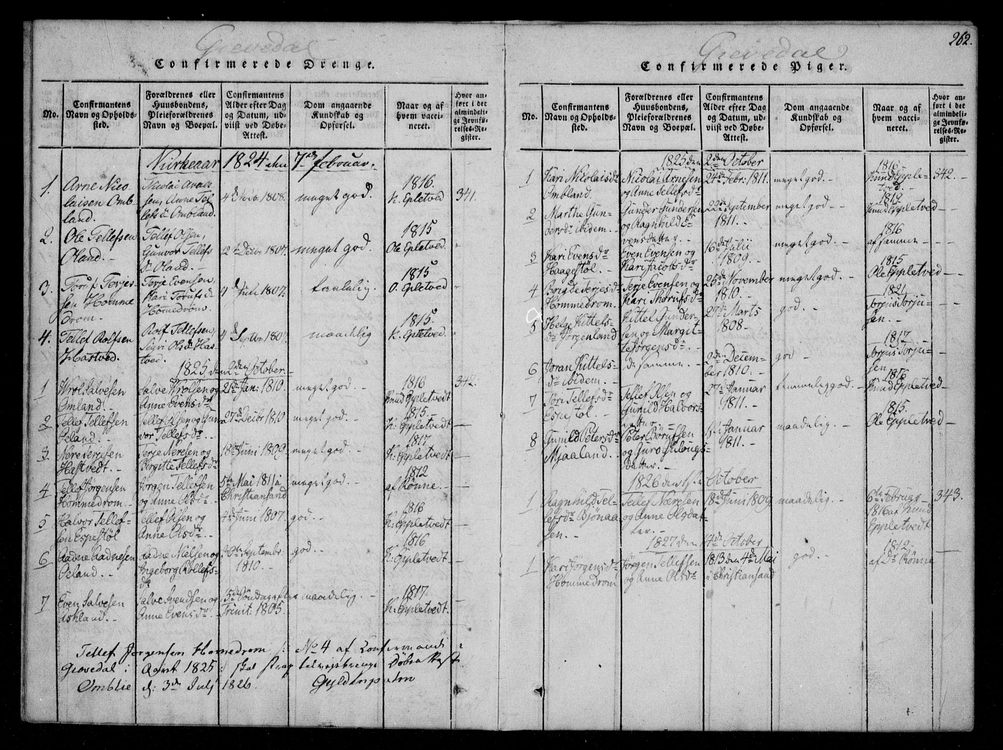 Åmli sokneprestkontor, AV/SAK-1111-0050/F/Fa/Fac/L0006: Parish register (official) no. A 6, 1816-1829, p. 262