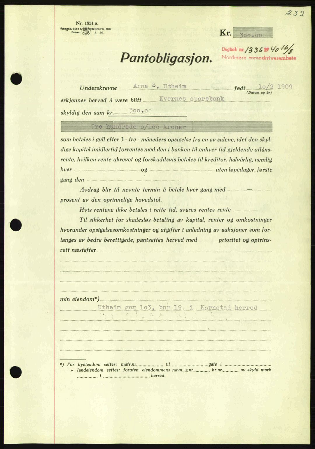 Nordmøre sorenskriveri, AV/SAT-A-4132/1/2/2Ca: Mortgage book no. B87, 1940-1941, Diary no: : 1336/1940