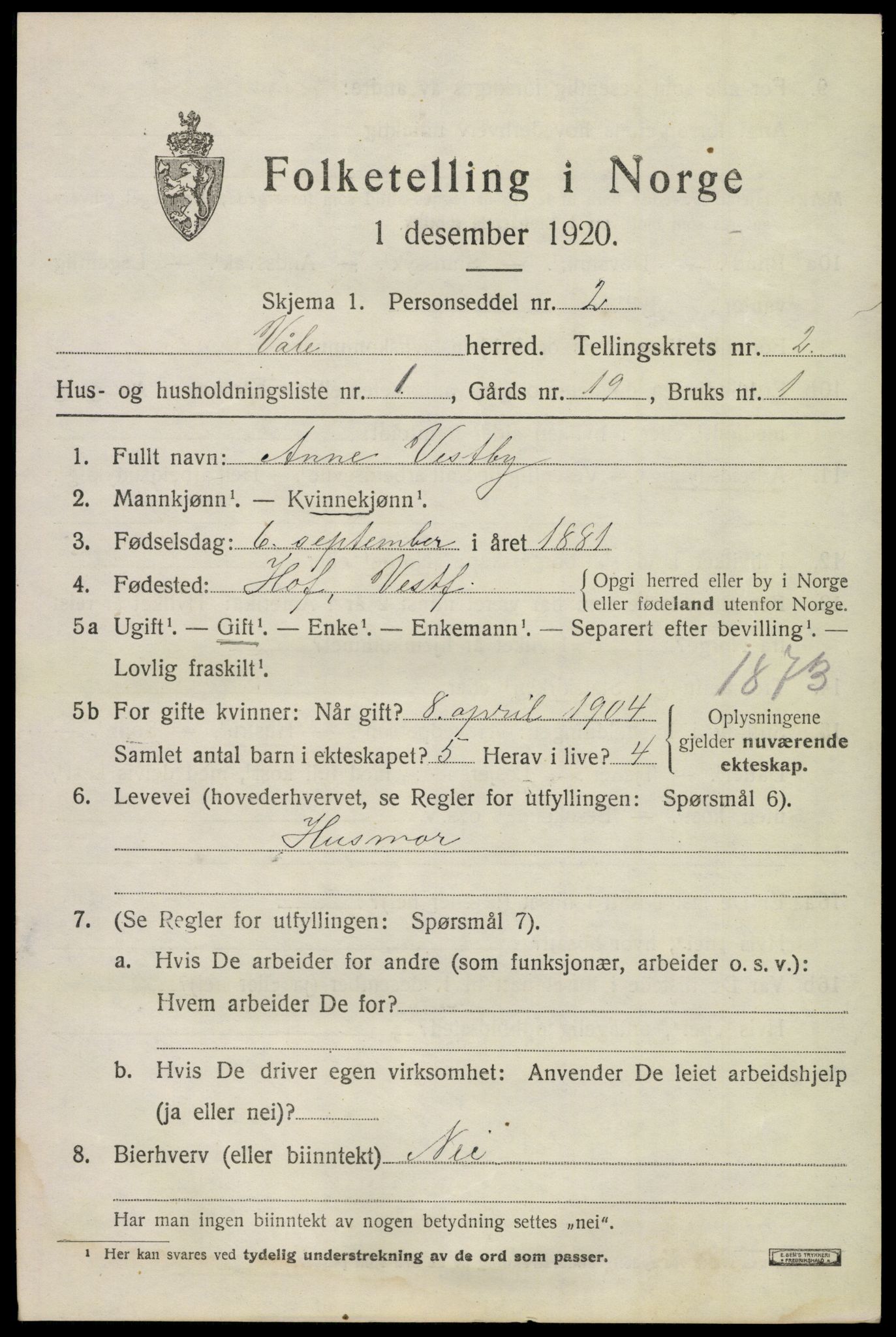 SAKO, 1920 census for Våle, 1920, p. 1900