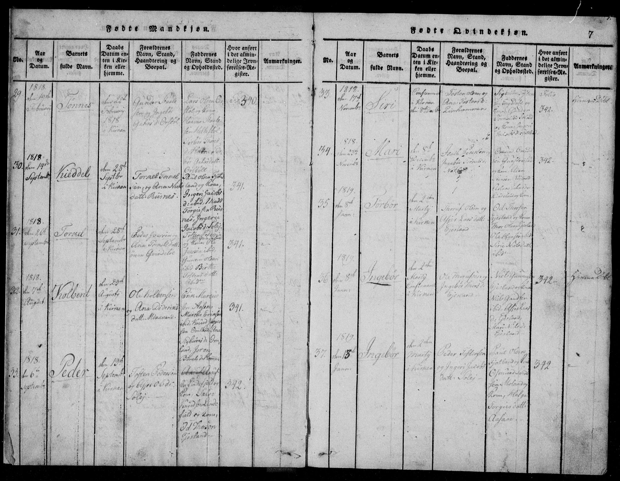 Fjotland sokneprestkontor, AV/SAK-1111-0010/F/Fb/L0001: Parish register (copy) no. B 1, 1816-1849, p. 7