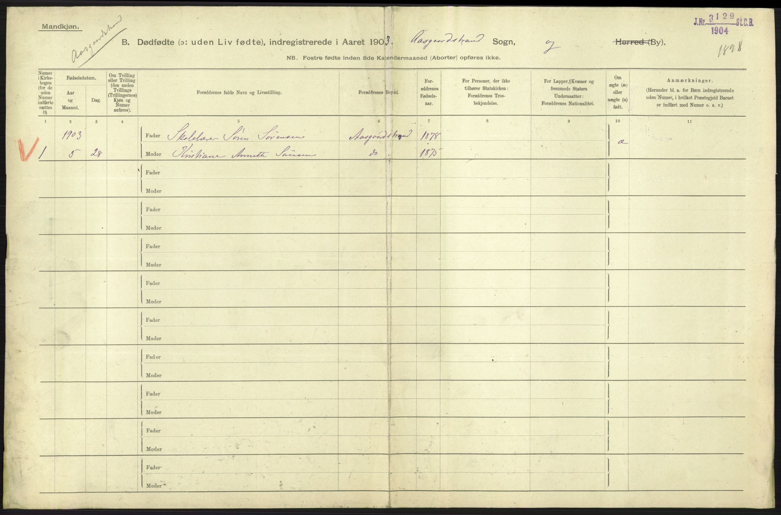 Statistisk sentralbyrå, Sosiodemografiske emner, Befolkning, AV/RA-S-2228/D/Df/Dfa/Dfaa/L0026: Smålenenes - Finnmarkens amt: Dødfødte. Byer., 1903, p. 147