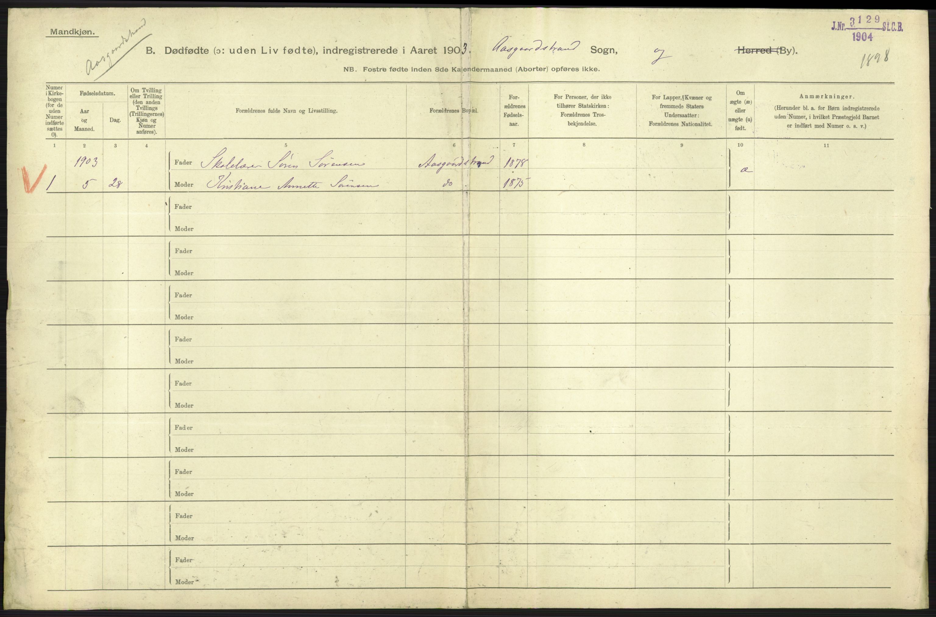 Statistisk sentralbyrå, Sosiodemografiske emner, Befolkning, RA/S-2228/D/Df/Dfa/Dfaa/L0026: Smålenenes - Finnmarkens amt: Dødfødte. Byer., 1903, p. 147