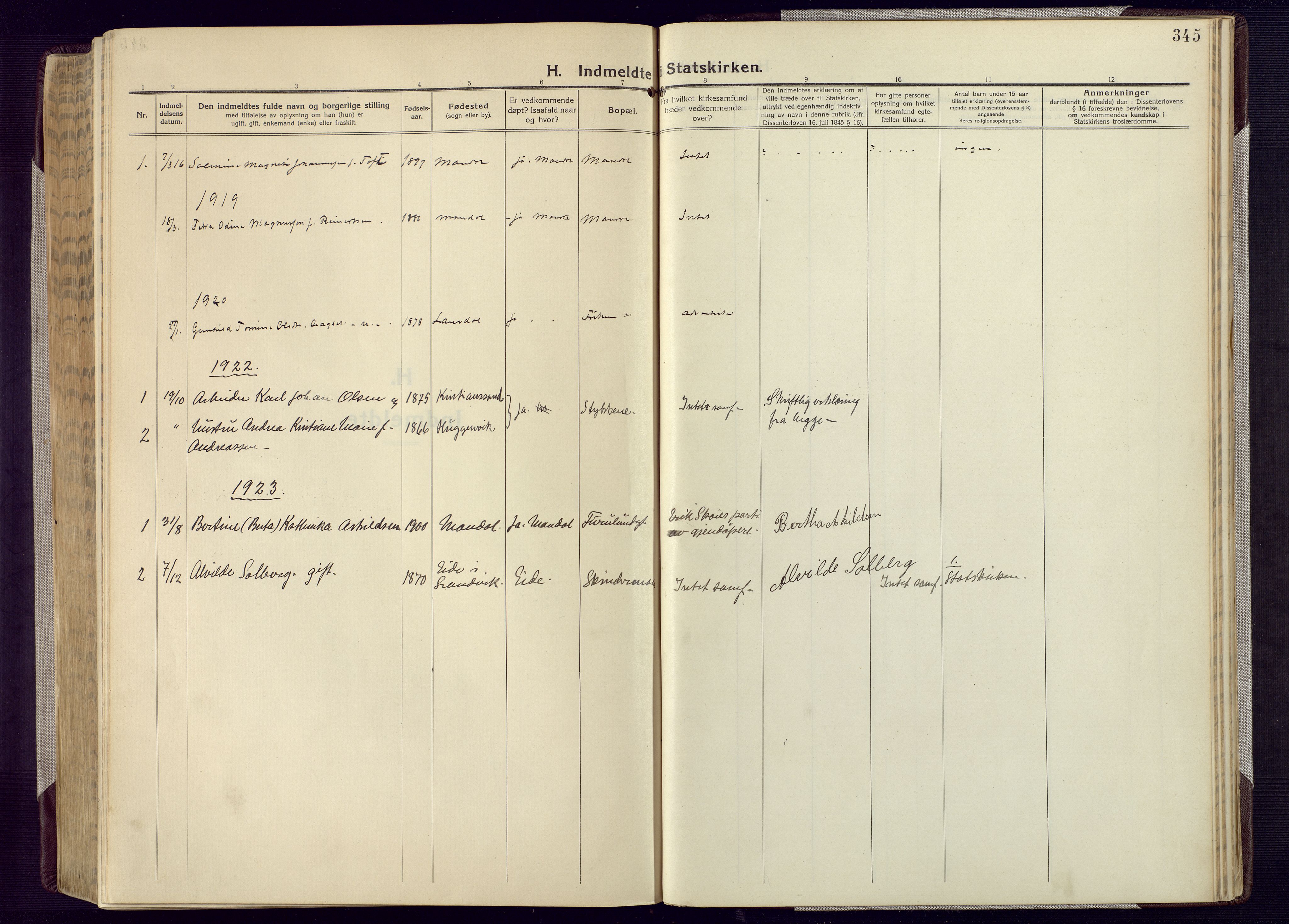Mandal sokneprestkontor, SAK/1111-0030/F/Fa/Fac/L0001: Parish register (official) no. A 1, 1913-1925, p. 345