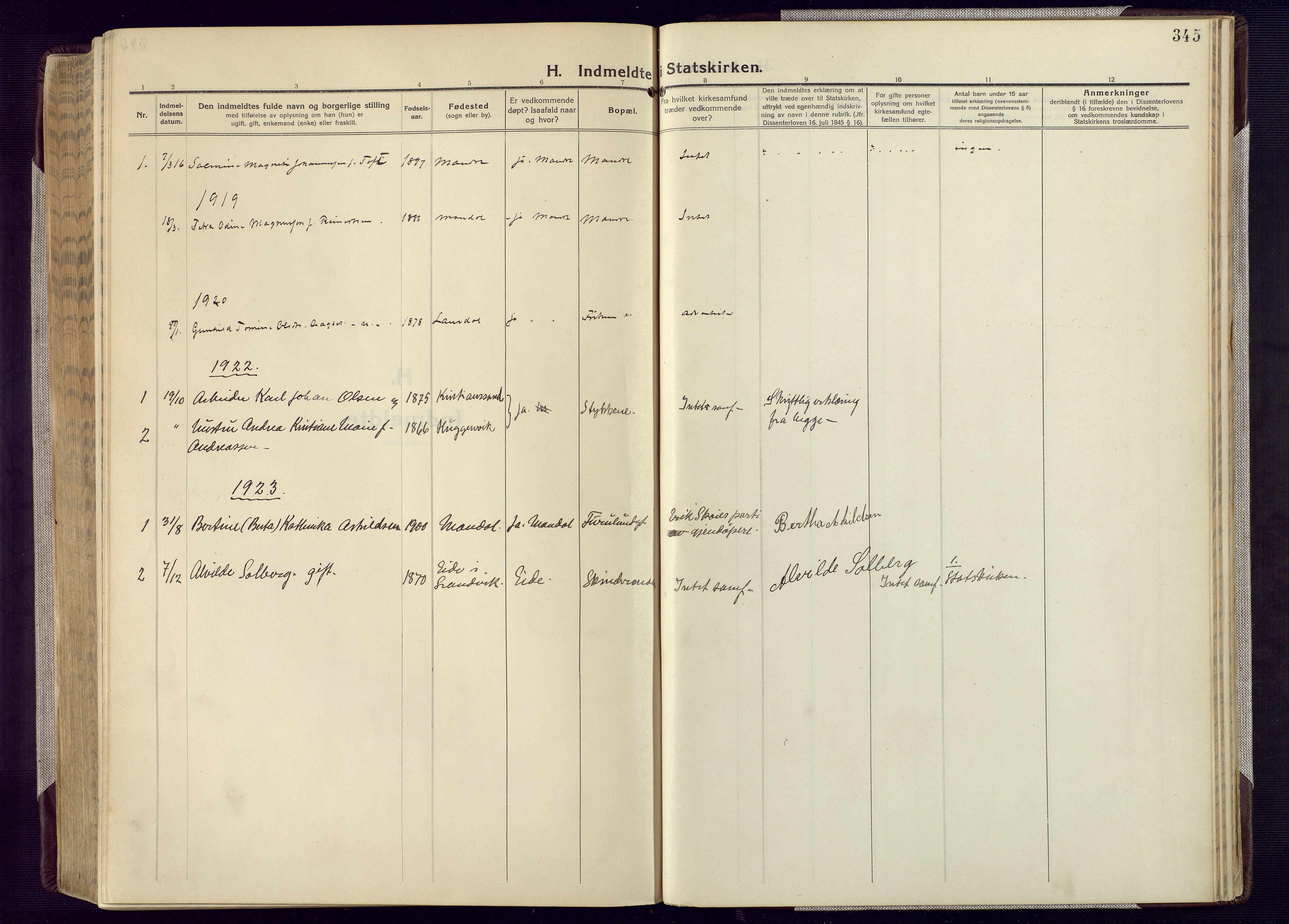 Mandal sokneprestkontor, AV/SAK-1111-0030/F/Fa/Fac/L0001: Parish register (official) no. A 1, 1913-1925, p. 345