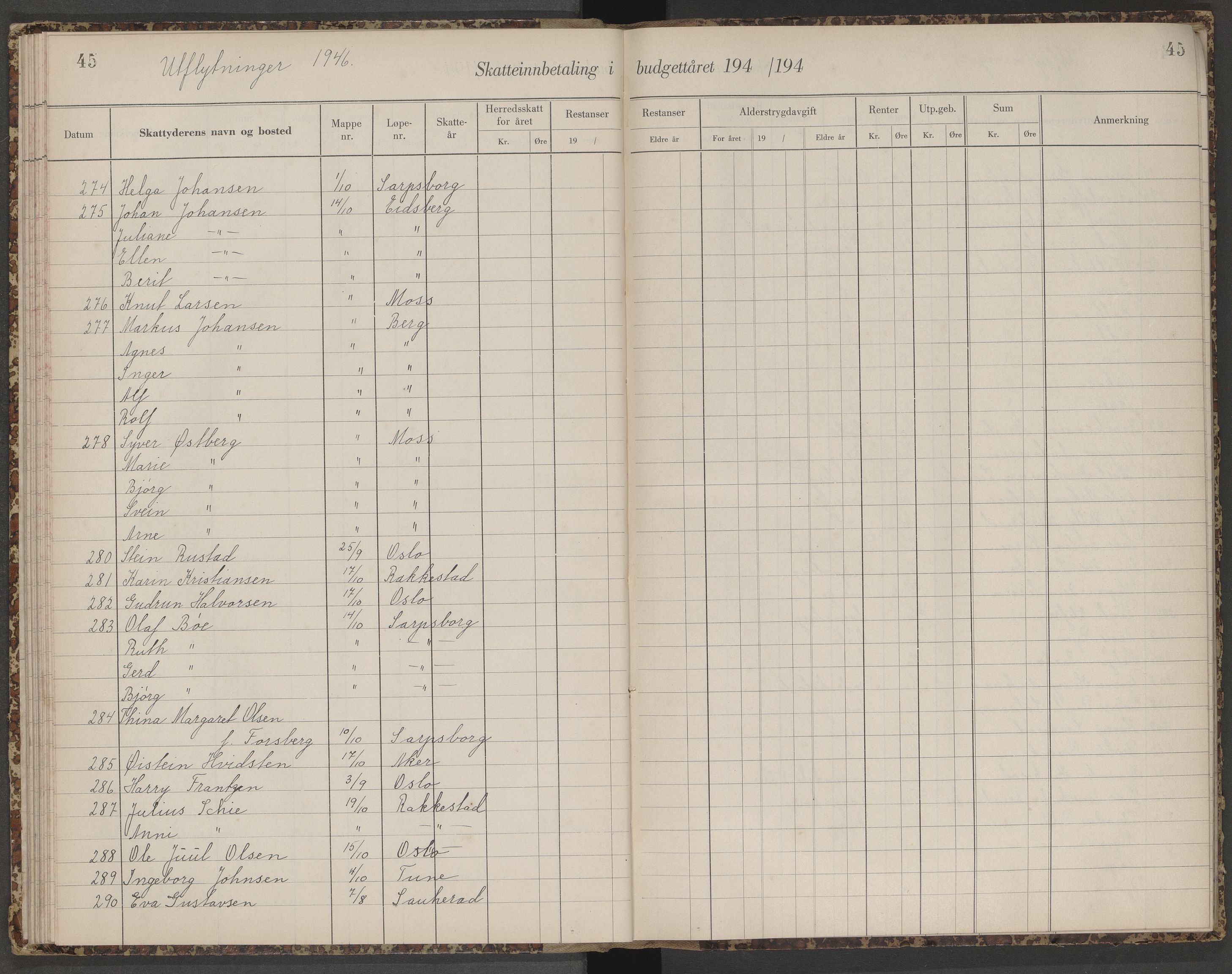 Skjeberg folkeregister, AV/SAO-A-10495/K/Ka/L0003: Fortegnelse over inn- og utflyttede, 1943-1947, p. 45