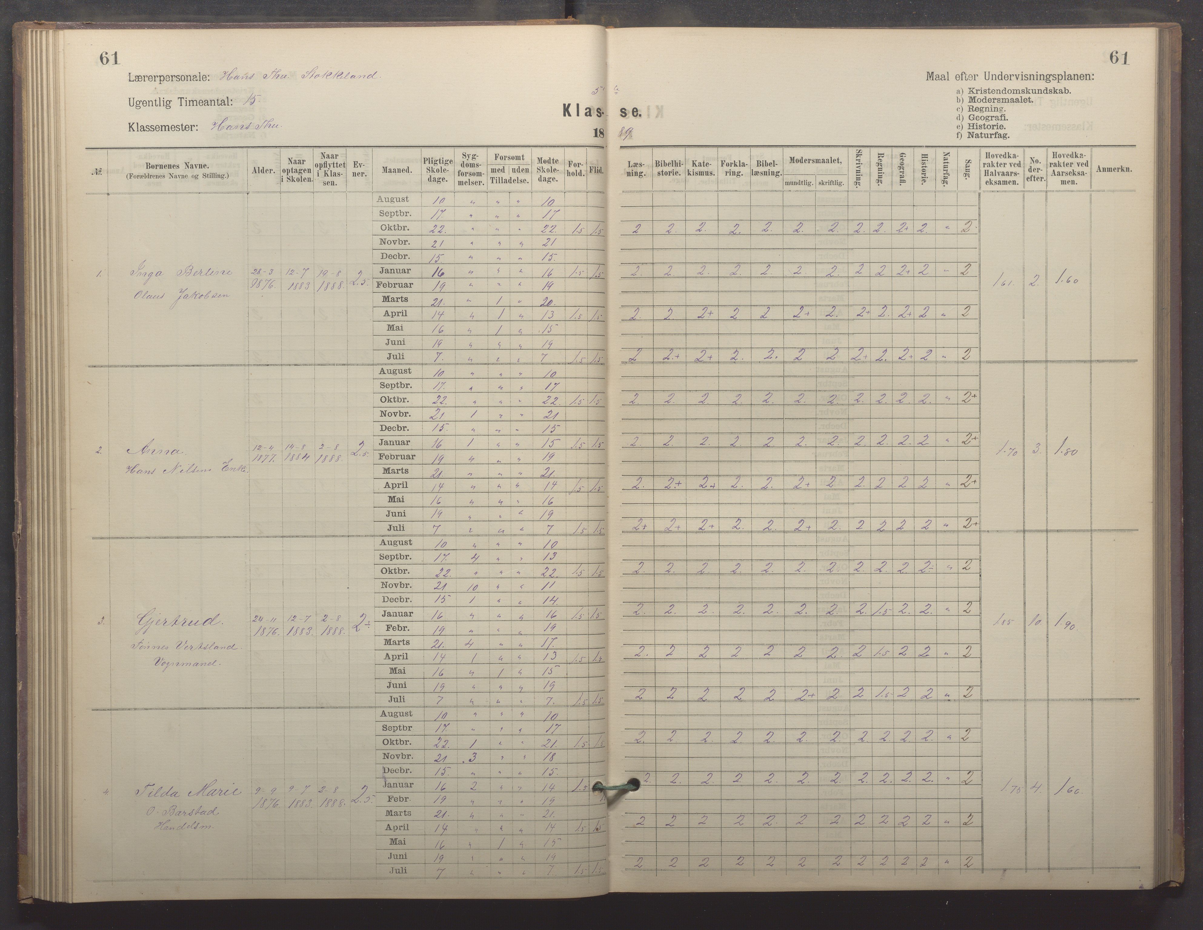 Egersund kommune (Ladested) - Egersund almueskole/folkeskole, IKAR/K-100521/H/L0022: Skoleprotokoll - Almueskolen, 5. klasse, 1886-1892, p. 61