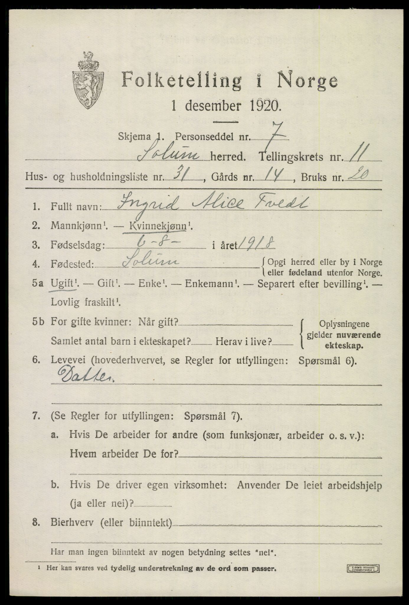 SAKO, 1920 census for Solum, 1920, p. 16164